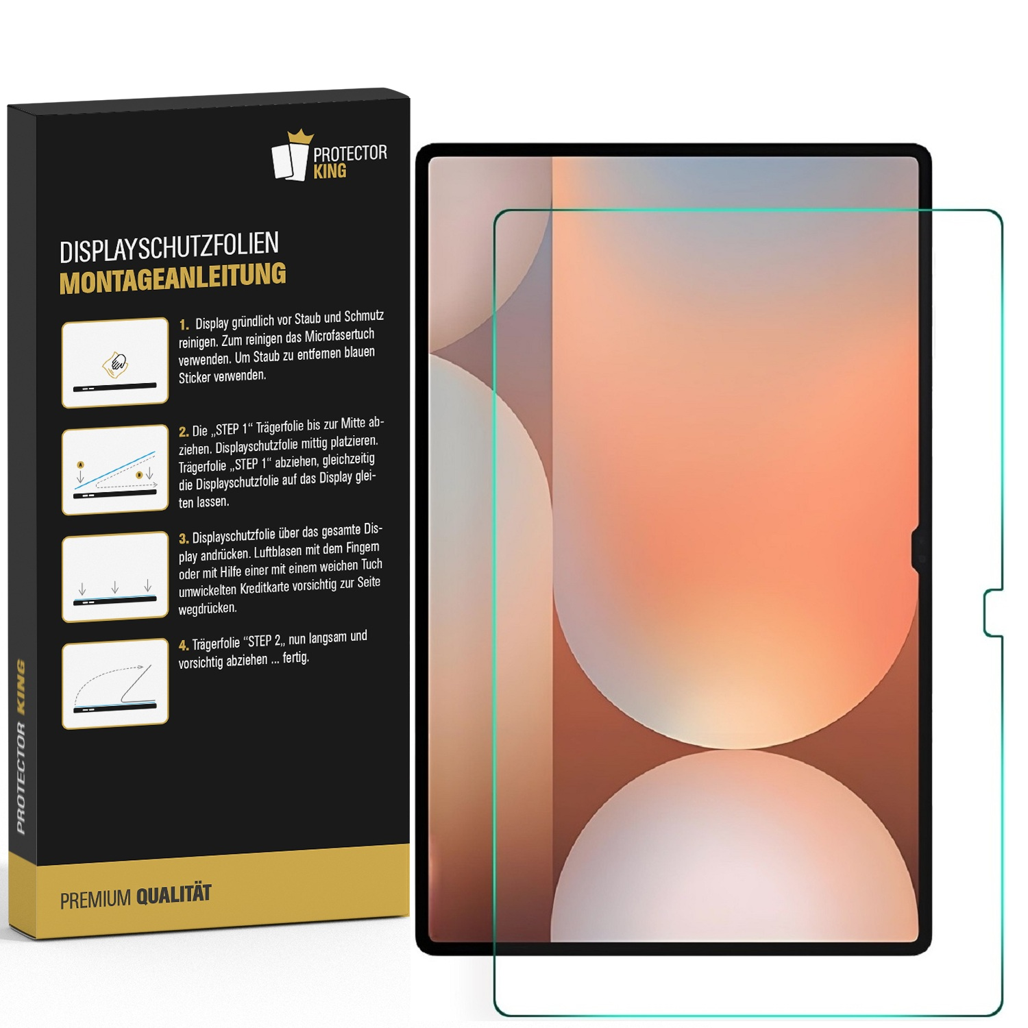 Die Verpackung des Bildschirmschutzes zeigt Installationsschritte und wichtige Funktionen für eine einfache, blasenfreie Anbringung.
