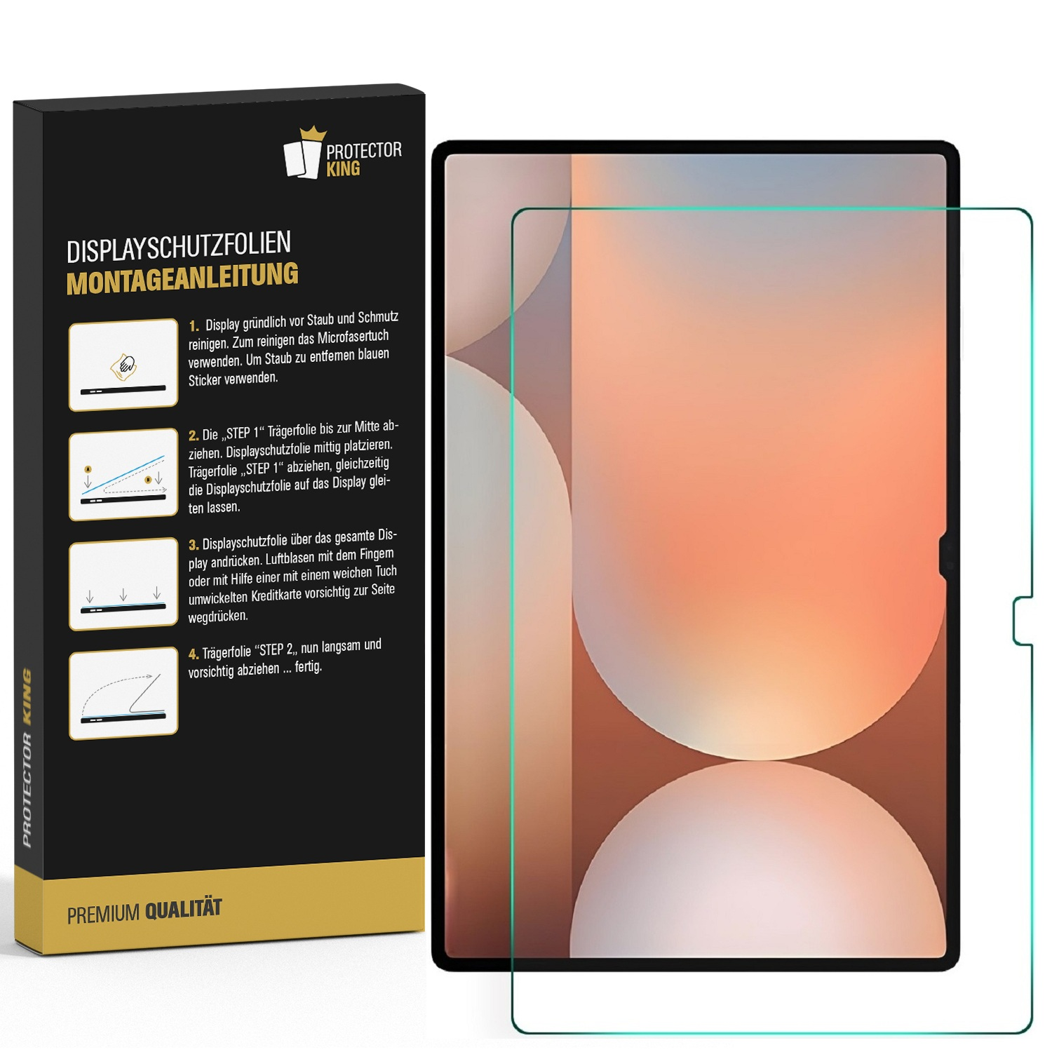 Ein Tablet-Displayschutz mit einer Box mit Anweisungen. Der Schutz befindet sich über einem Tablet mit hellem Hintergrund.