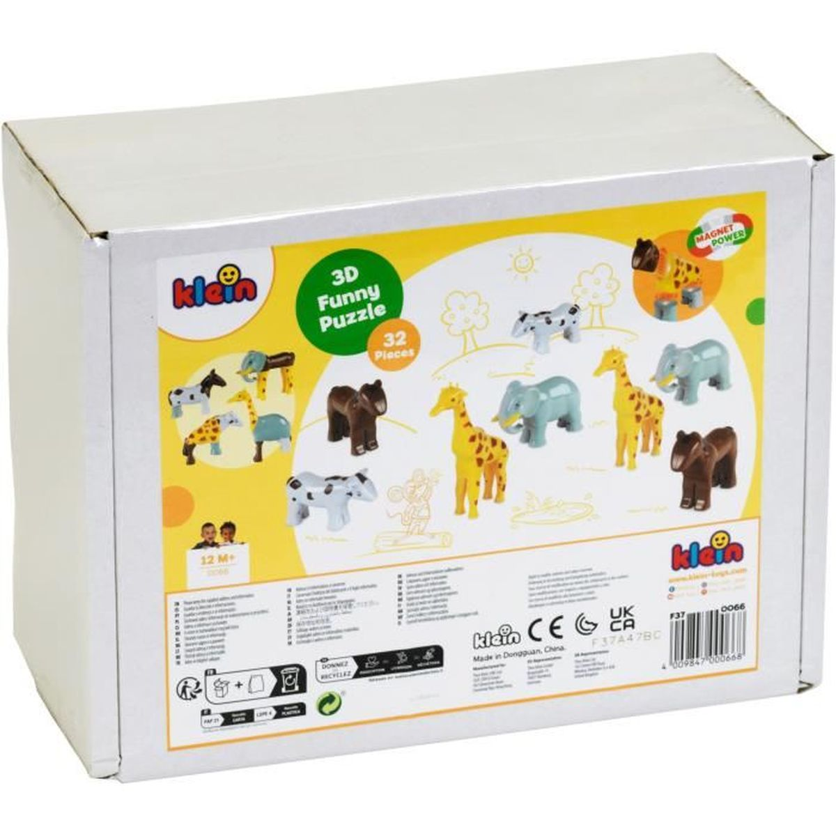 Una scatola bianca con un puzzle 3D di figure di animali. Gli animali includono giraffe, elefanti, zebre e cavalli.