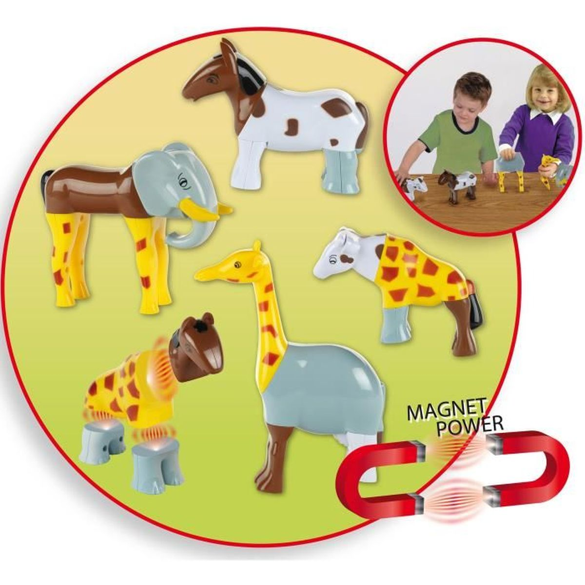Un primo piano di pezzi di puzzle di animali, tra cui giraffe, elefanti e cavalli, insieme a un magnete e bambini.