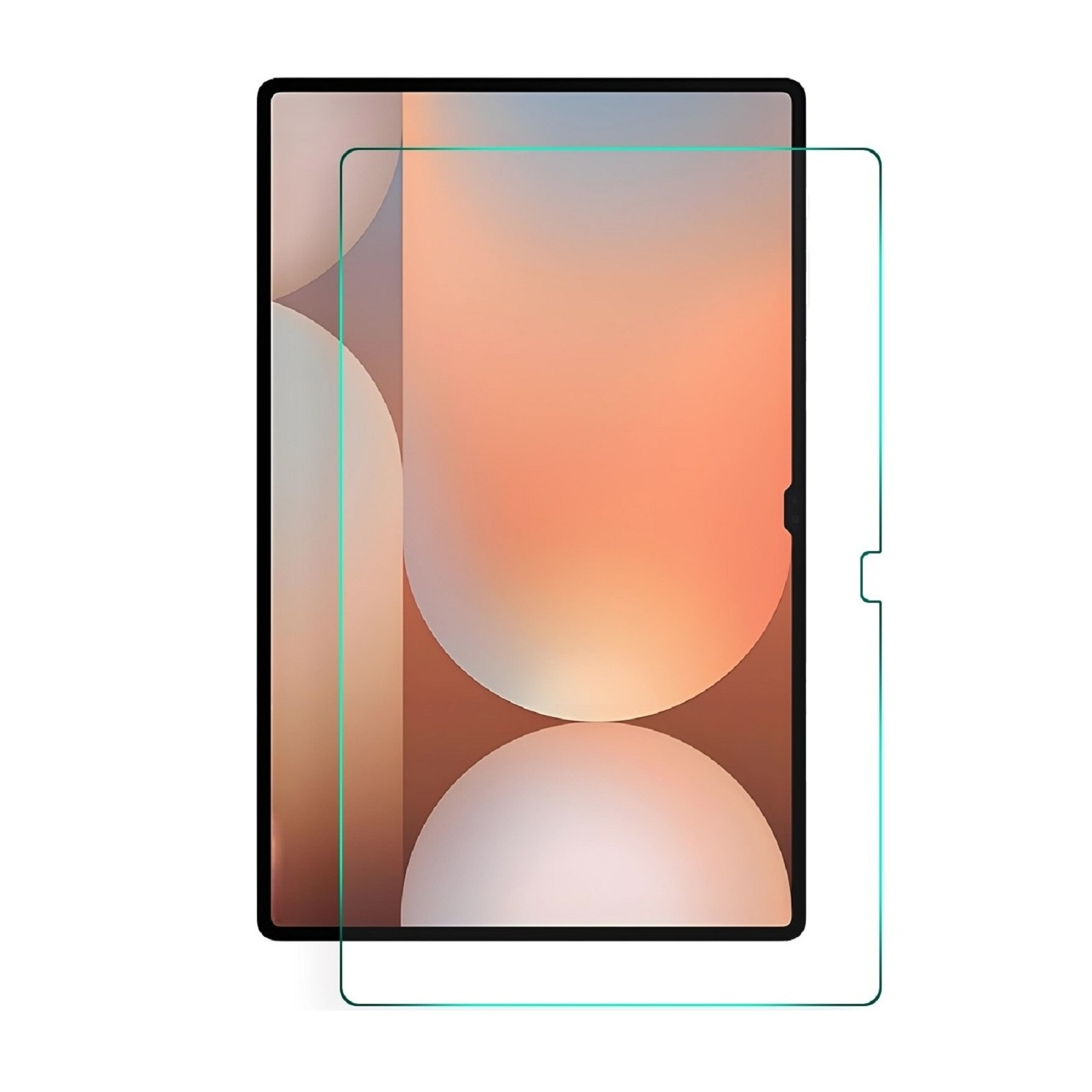 Ein Tablet-Bildschirm mit aufgebrachter Displayschutzfolie. Der Bildschirm hat einen orangefarbenen und pfirsichfarbenen Hintergrund.