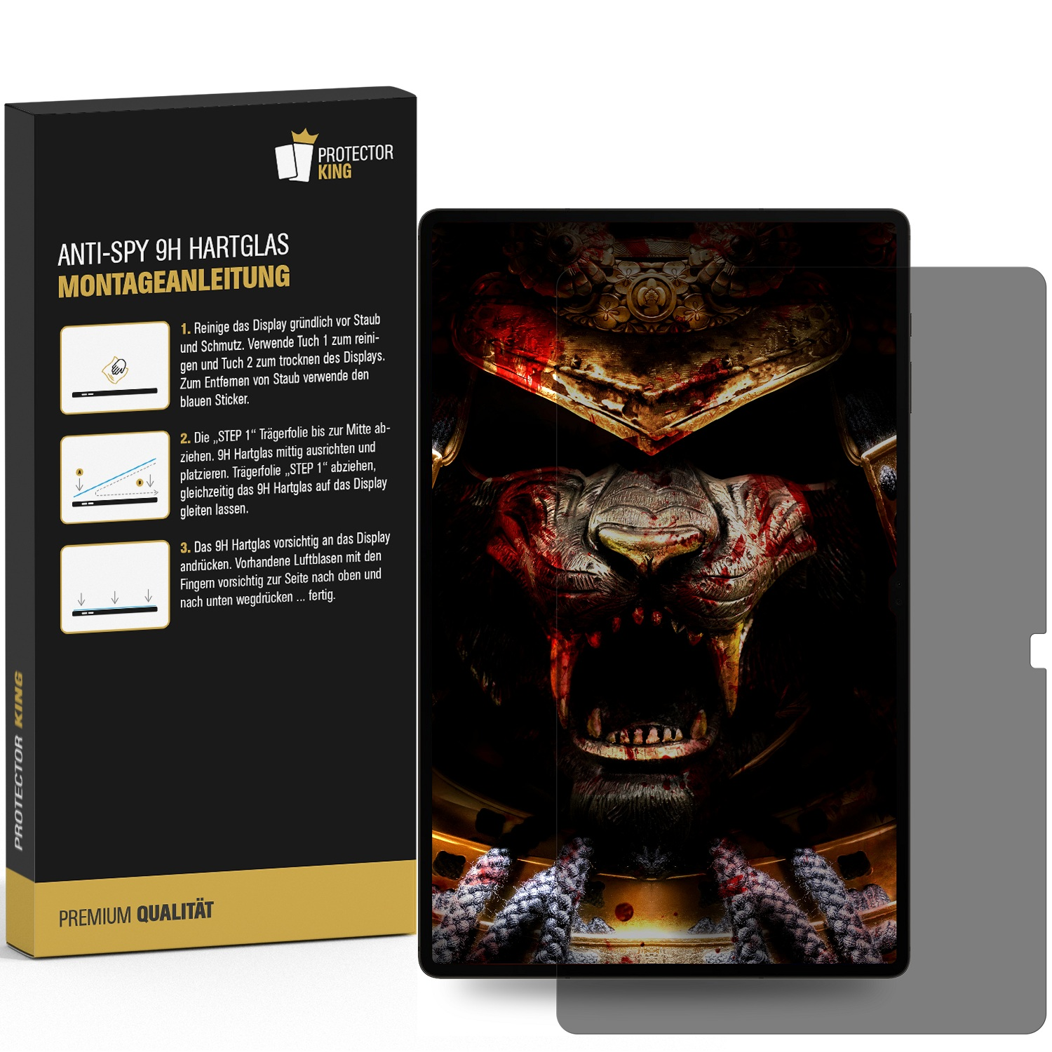 Ein Tablet-Bildschirm mit Displayschutzfolie und einer Box links. Der Bildschirm zeigt ein löwenartiges Gesicht.