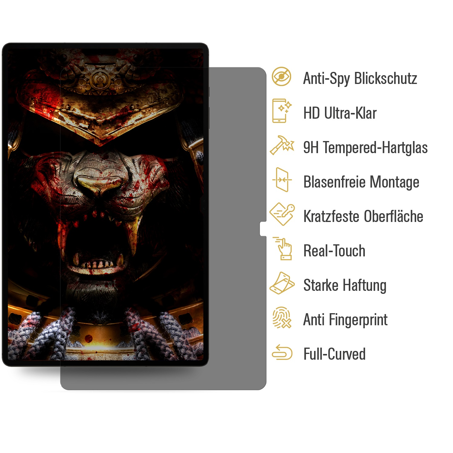 Ein Tablet-Bildschirm mit aufgebrachter Displayschutzfolie, die ein löwenartiges Gesicht zeigt. Der Schutz hat mehrere Merkmale.