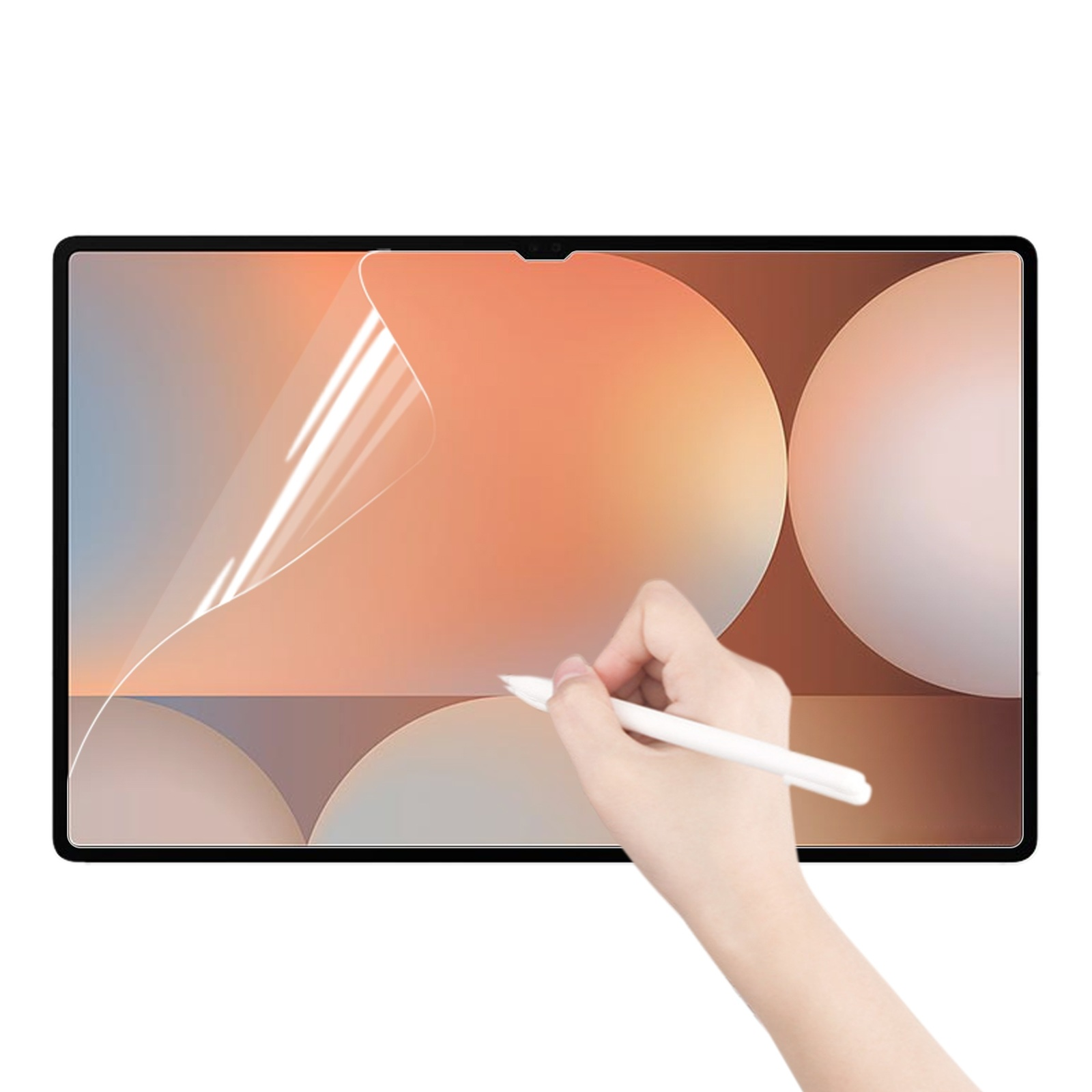 Eine Hand, die mit einem Stift eine Displayschutzfolie auf einem Tablet anbringt. Der Bildschirm hat einen hellen Farbton.