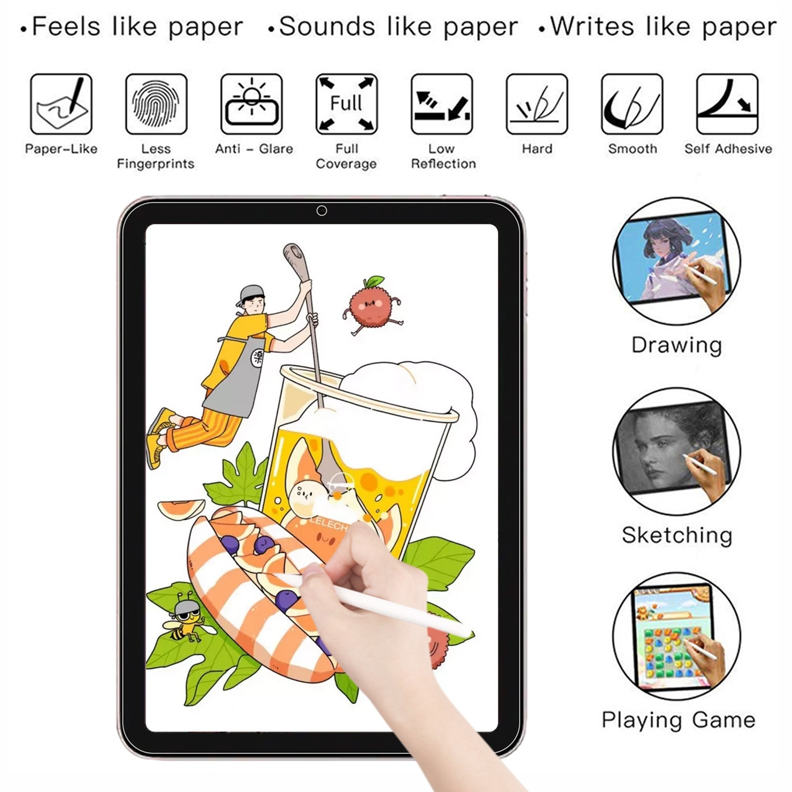 Tablet-Bildschirm mit Zeichnungs-, Skizzen- und Spielsymbolen. Text: Fühlt sich an wie Papier, klingt wie Papier, schreibt wie Papier.