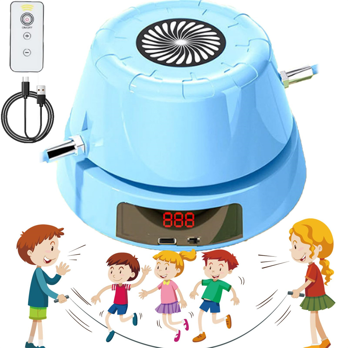 Eine hellblaue Springseilmaschine mit springenden Kindern. Eine Fernbedienung und ein USB-Kabel sind ebenfalls sichtbar.
