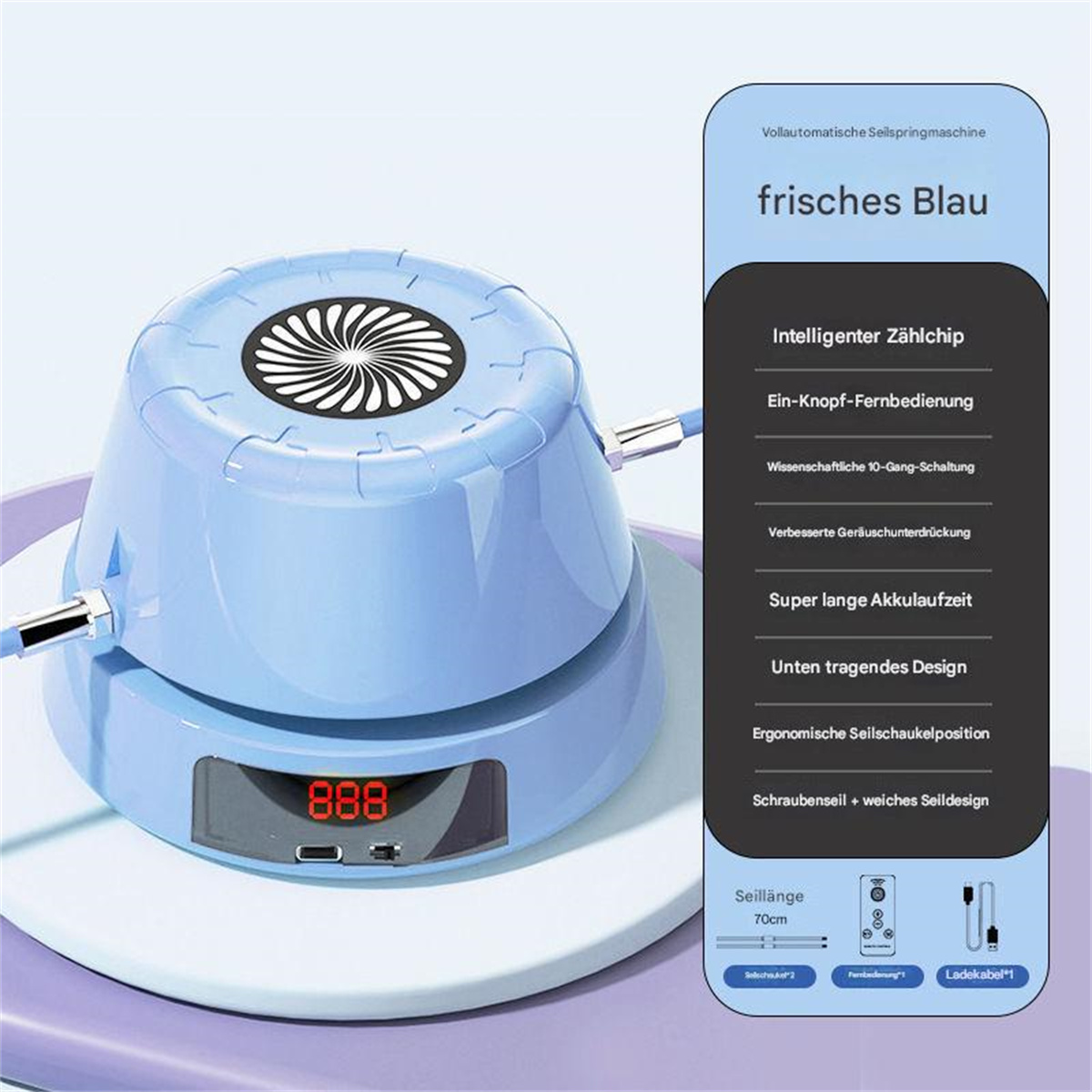 Eine hellblaue Springseilmaschine mit digitaler Anzeige '888'. Text auf Chinesisch. Zubehör wird gezeigt.