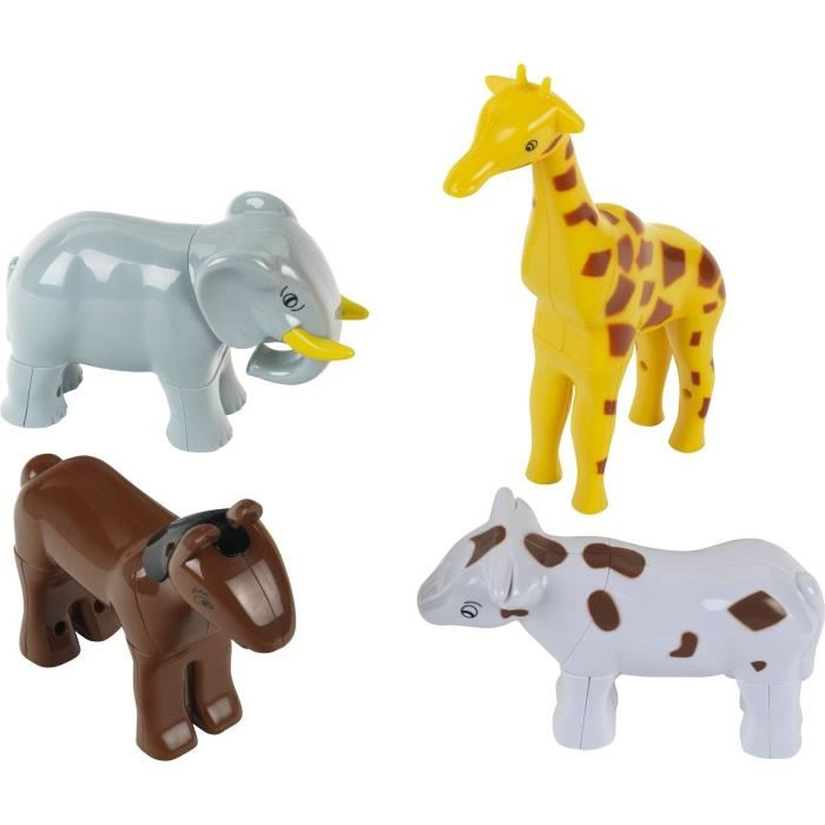 Quattro animali giocattolo: un elefante, una giraffa, un cavallo e una mucca. Gli animali sono di plastica.
