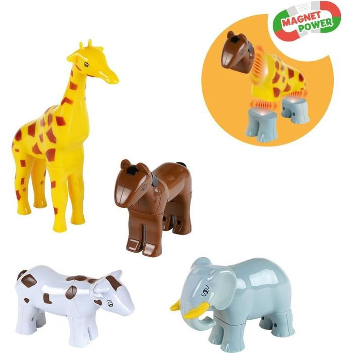 Sono mostrati animali giocattolo: una giraffa, un cavallo, una mucca e un elefante. Alcuni sono smontati. La giraffa è la più alta e gialla.