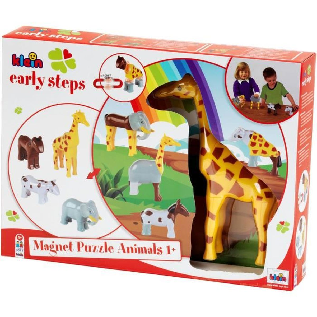 Una scatola di giocattoli con animali giocattolo tra cui una giraffa, un elefante e un cavallo. La scatola mostra bambini che giocano.