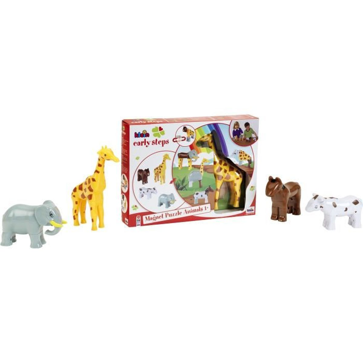 Animali giocattolo: elefante, giraffa, zebra, mucca e una scatola di puzzle. Sfondo bianco.