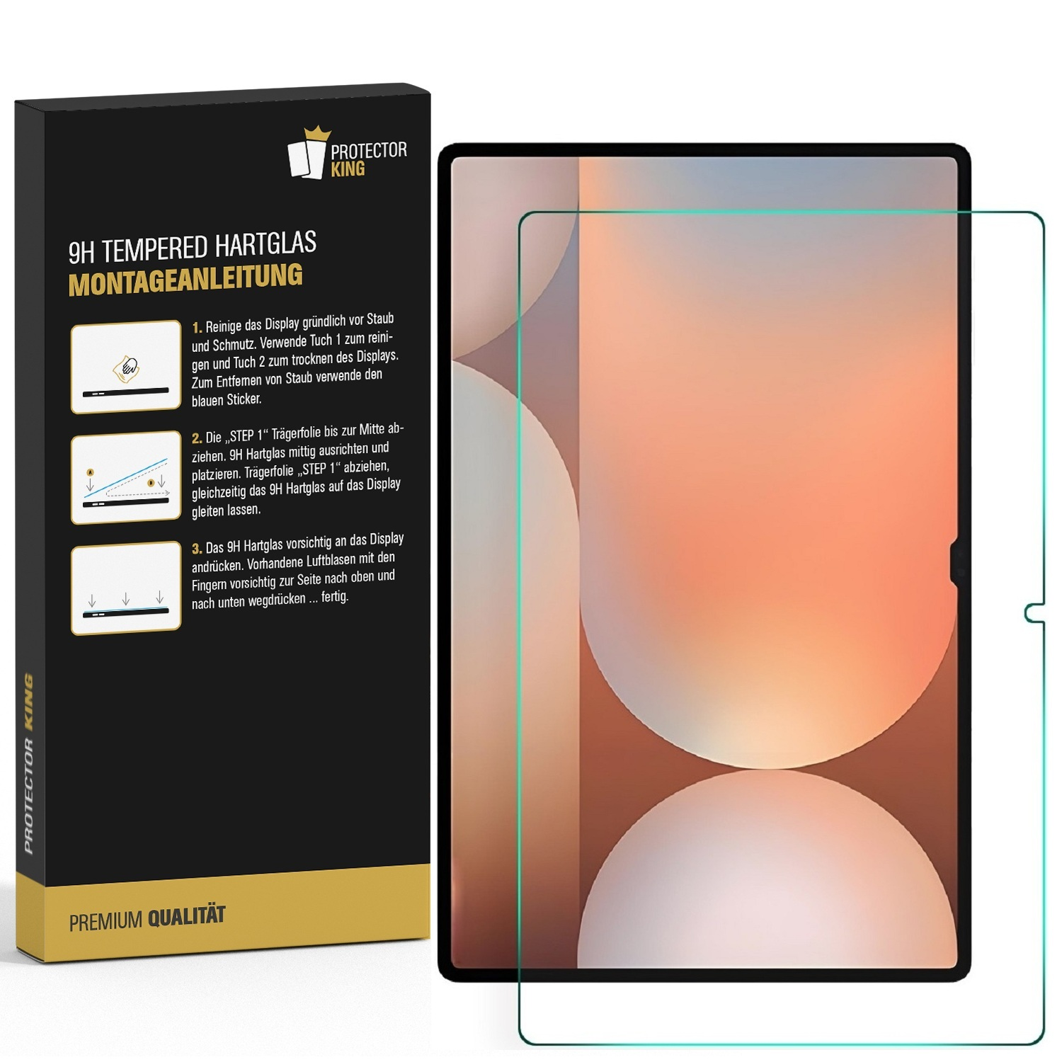 Ein Tablet mit Displayschutzfolie und einer schwarzen Box mit Anweisungen.