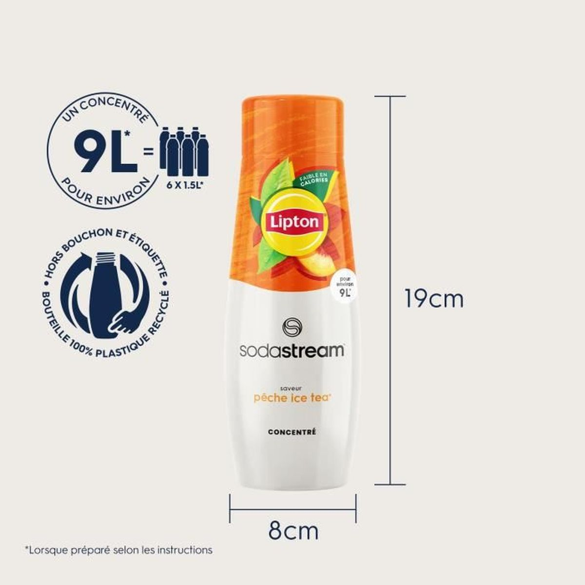 Eine Flasche Lipton Pfirsich-Eistee-Konzentrat. Sie ist 19 cm hoch und 8 cm breit.