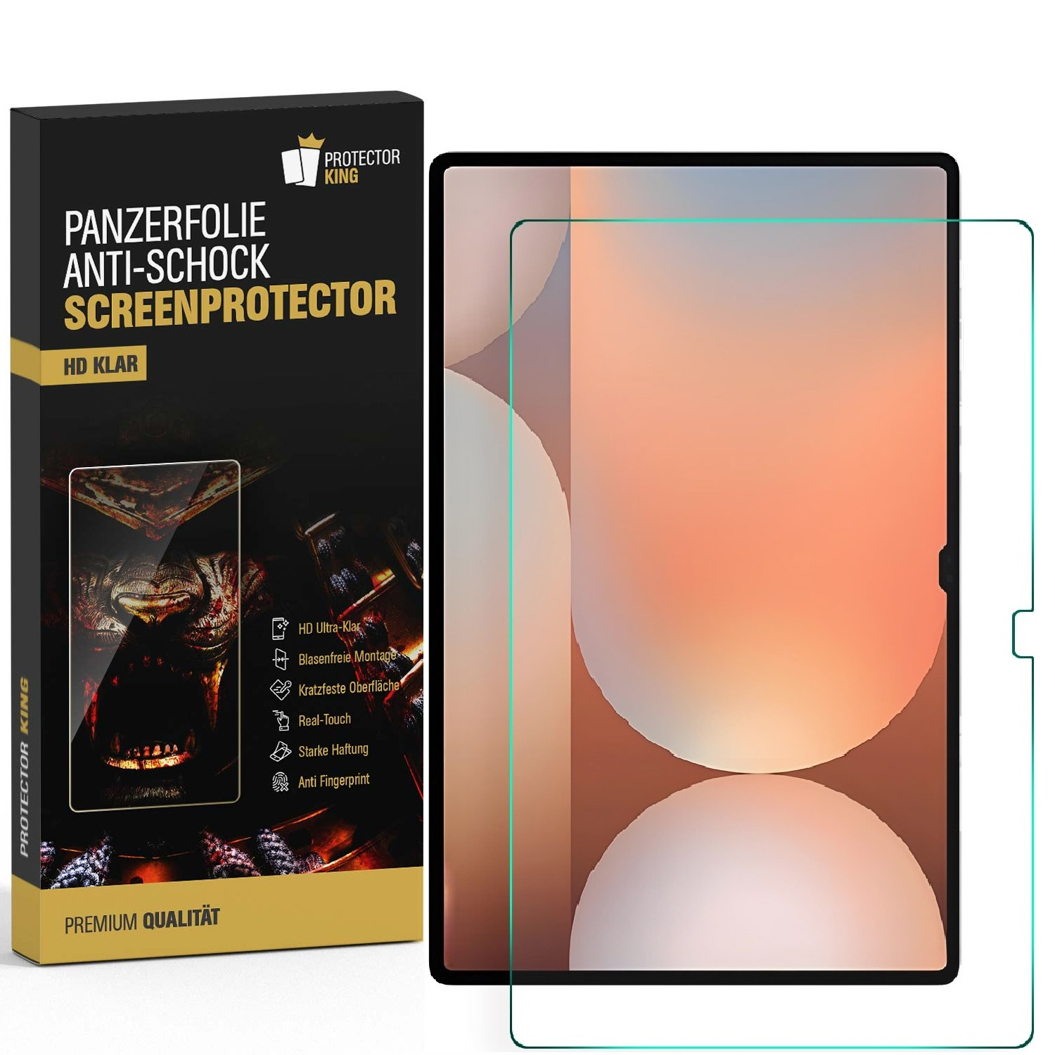 Ein Tablet mit Displayschutzfolie und eine schwarze Box mit Informationen.