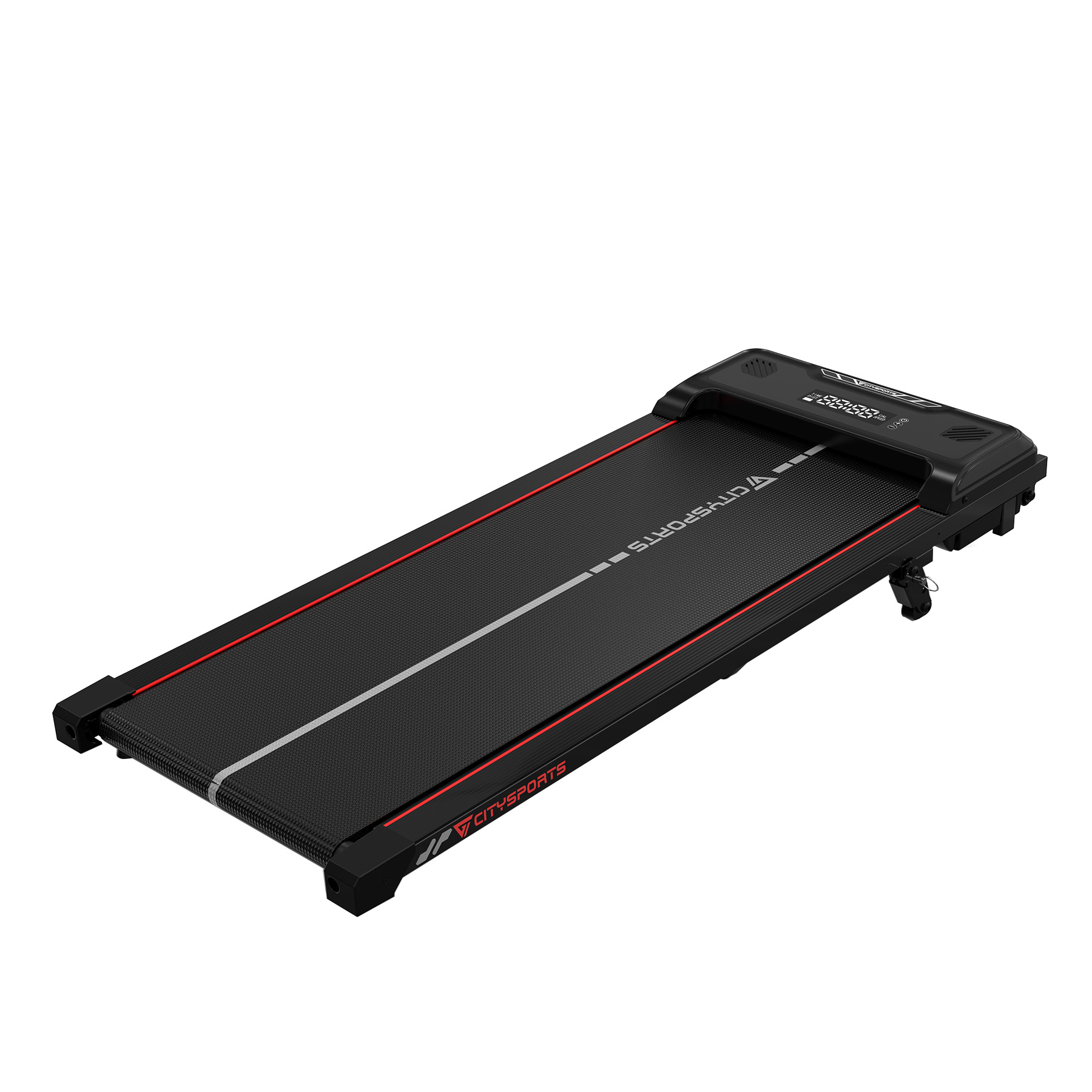 Un tapis roulant noir avec un affichage numérique et des lignes rouges et blanches.