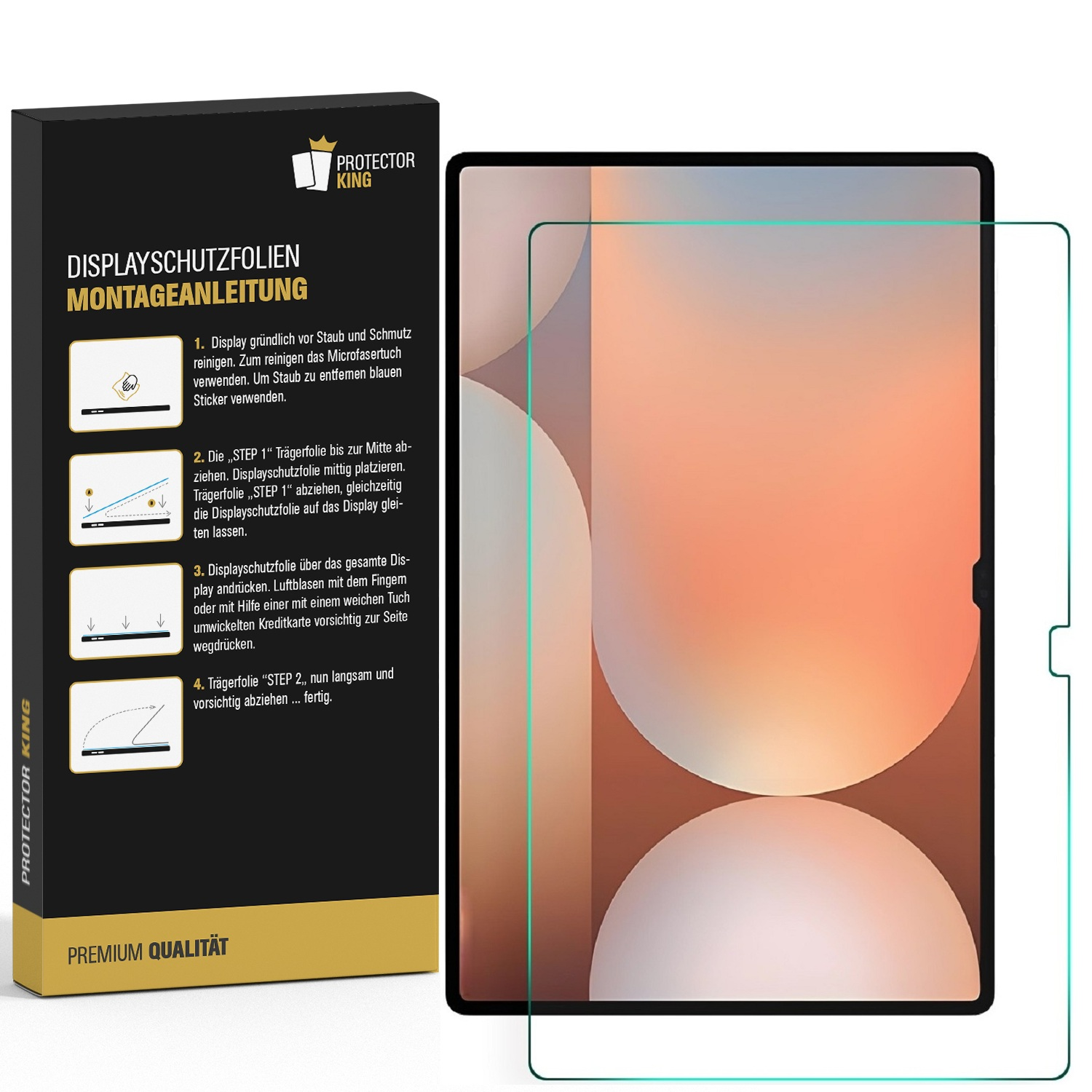 Eine Schachtel und ein Displayschutz, der Schutz befindet sich auf einem Tablet. Anweisungen stehen auf der Schachtel.