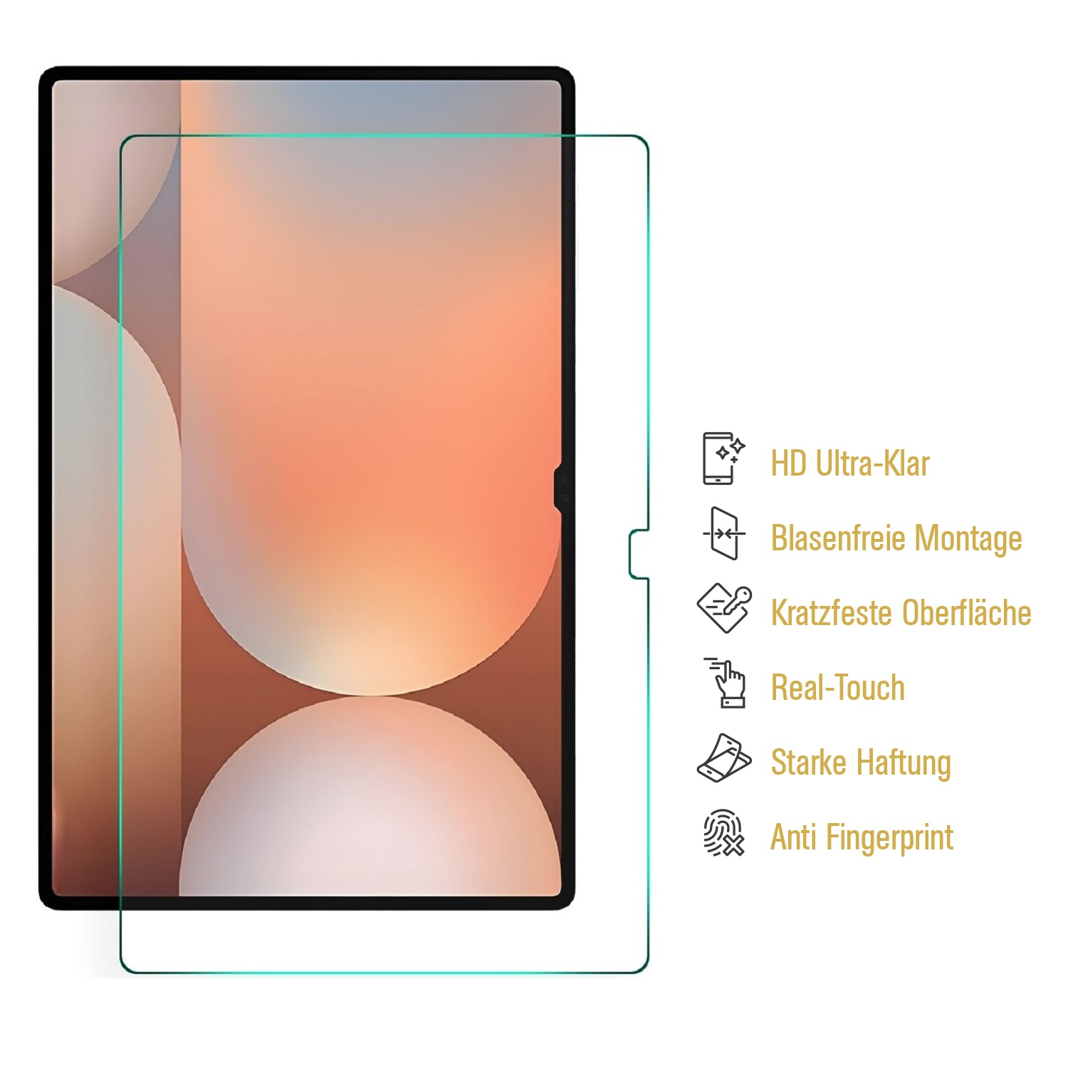 Ein Tablet mit Displayschutzfolie. Eine Liste der Funktionen befindet sich rechts.