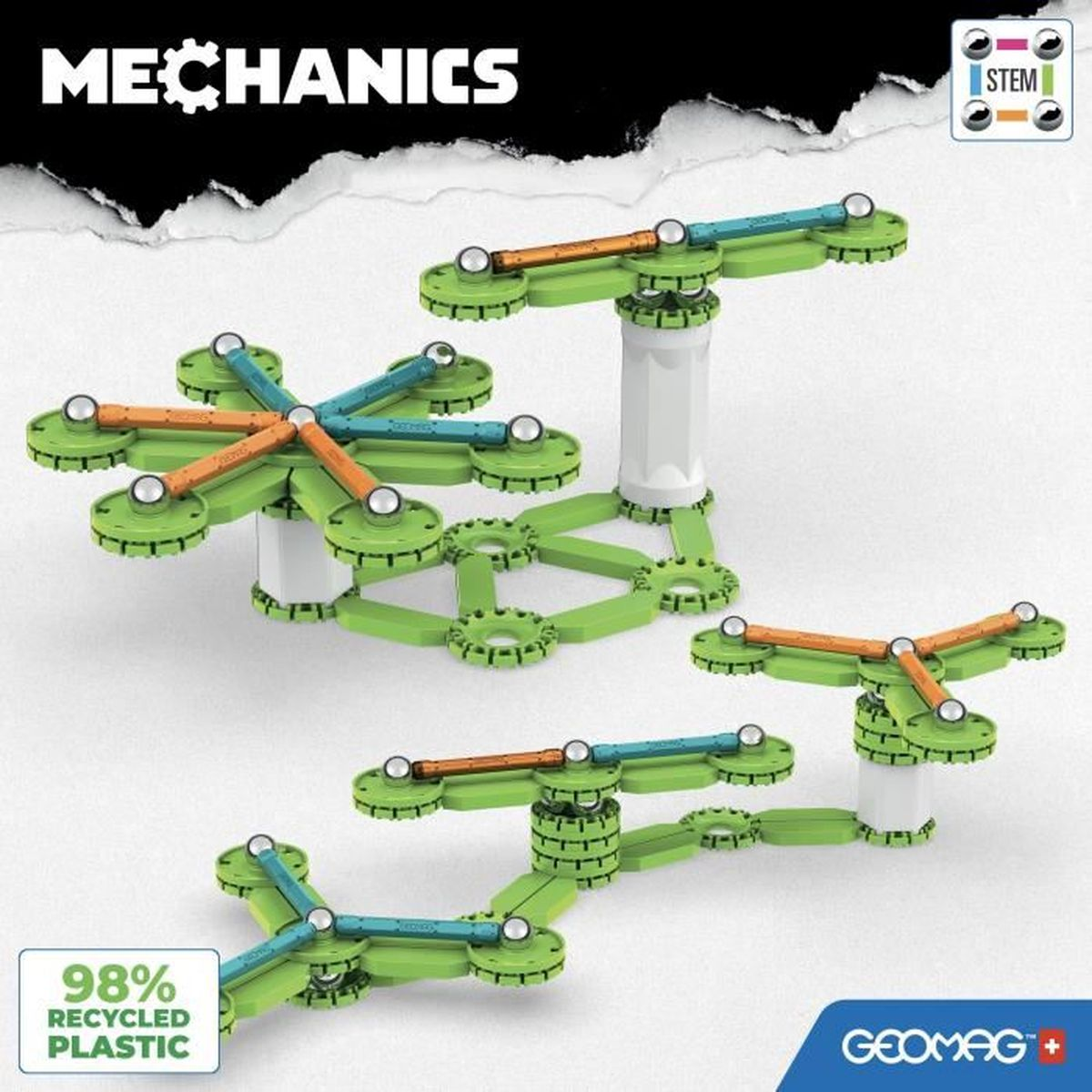 Giocattoli STEM di meccanica con strutture verdi e arancioni, piccole sfere bianche e argentate.