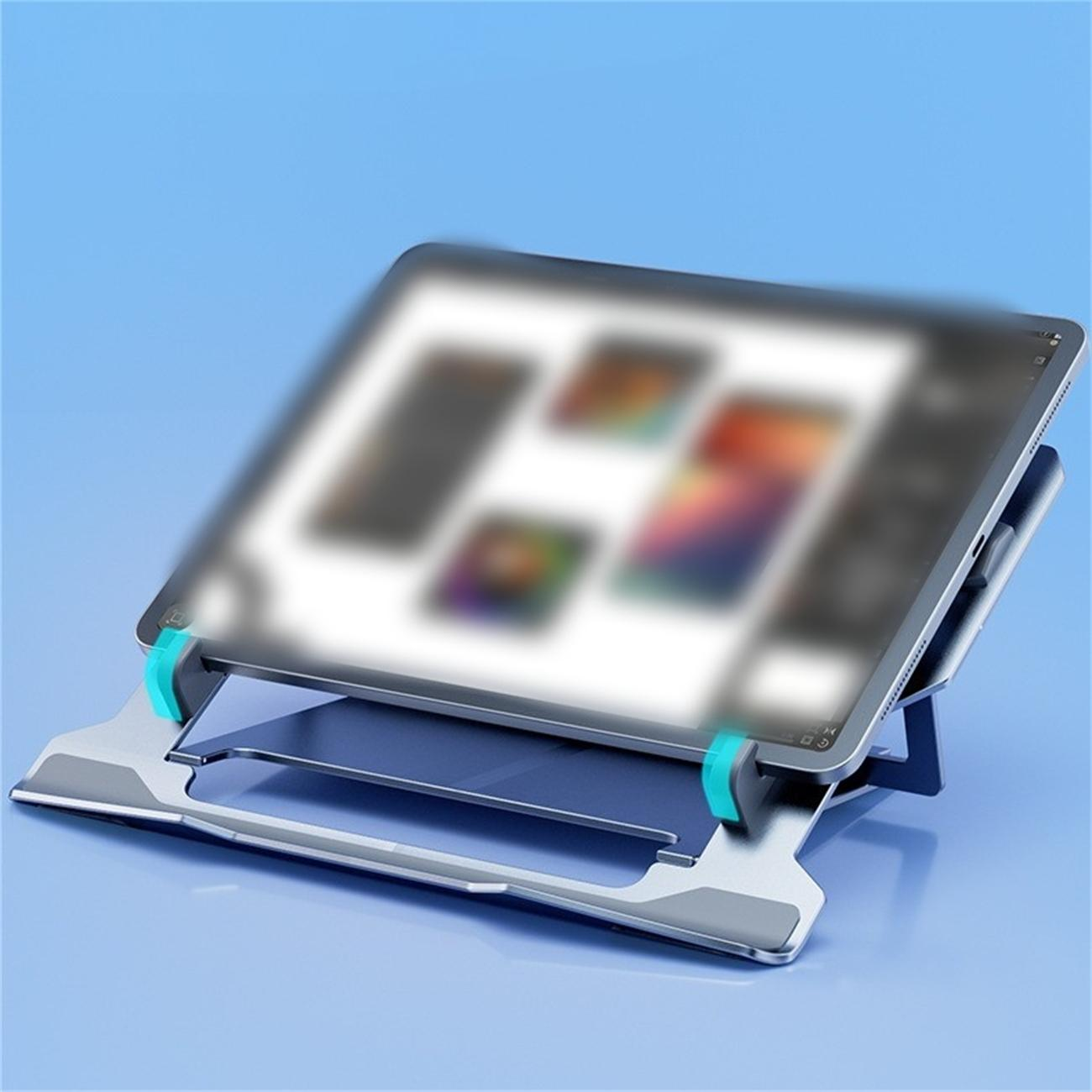 Silberner Tablet-Ständer mit Tablet, blaue Akzente. Der Tablet-Bildschirm ist unscharf.