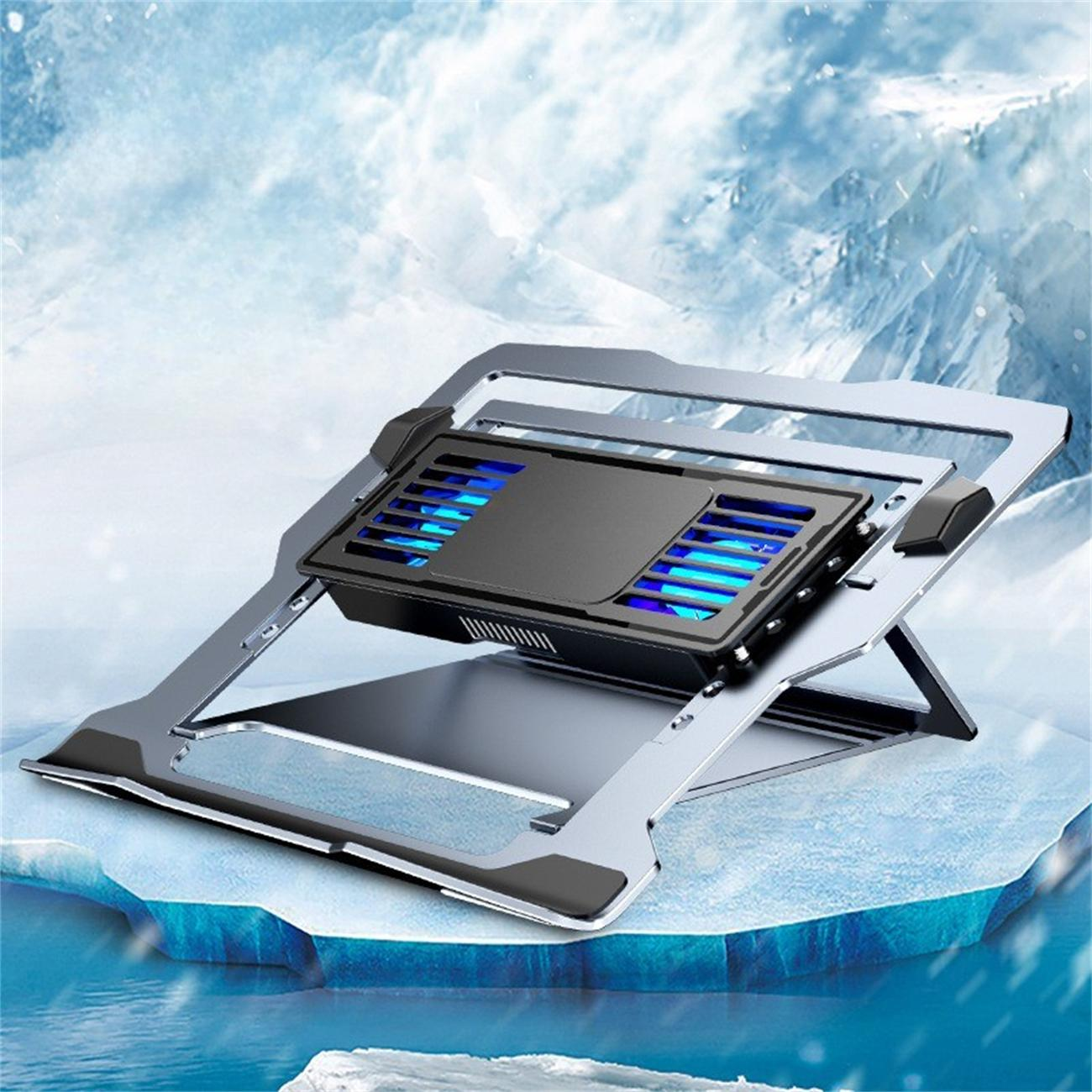 Ein silberner Laptop-Ständer mit einem schwarzen und blauen Kühler. Ein arktischer Hintergrund.