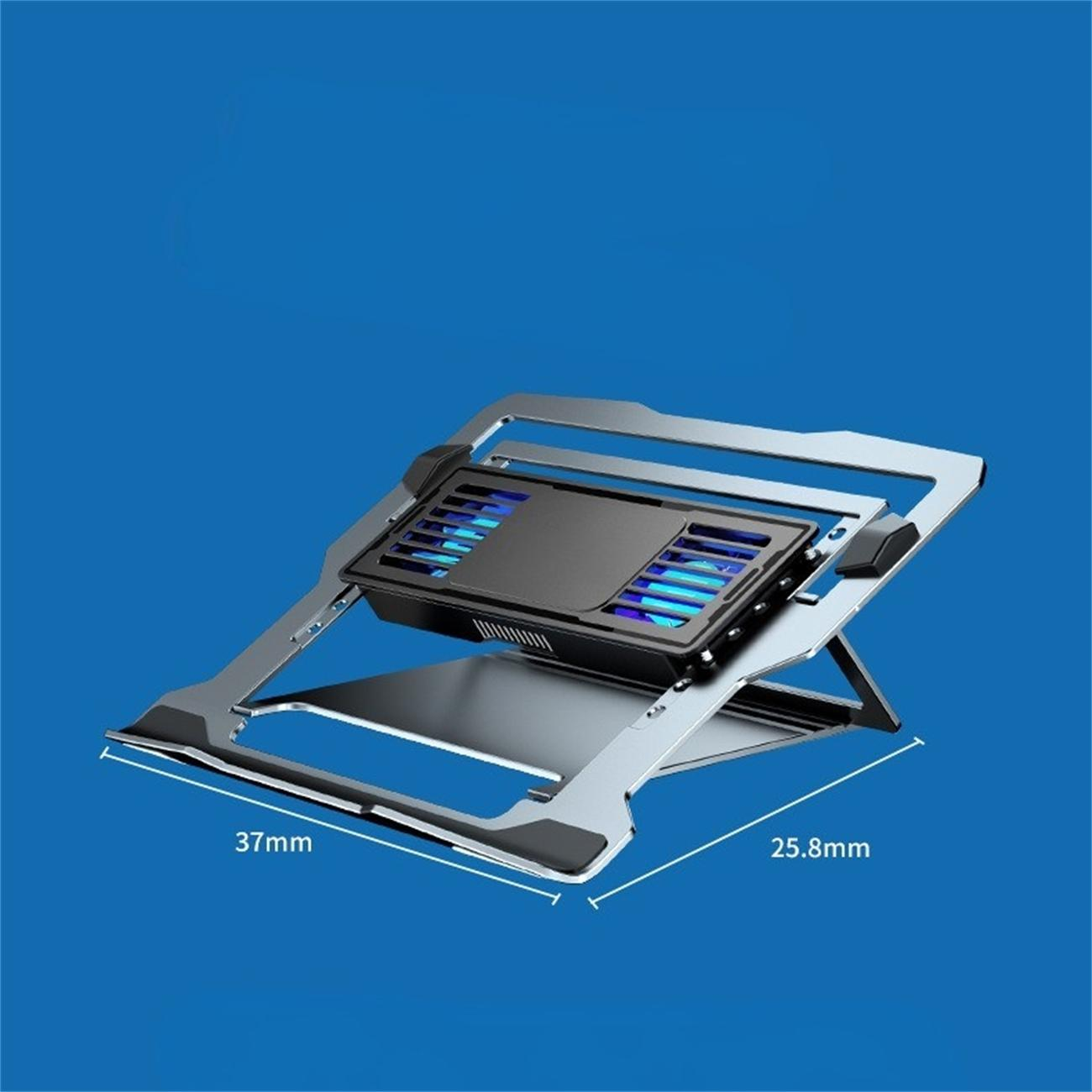 Silberner Laptop-Ständer mit blauen Lichtern, vor blauem Hintergrund. Abmessungen gezeigt.