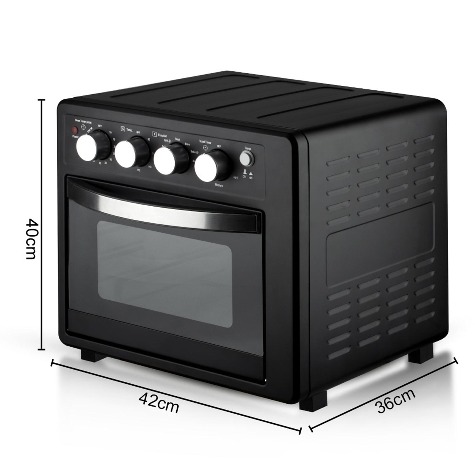 Schwarzer Backofen mit Knöpfen und Glastür. Abmessungen sind angegeben.