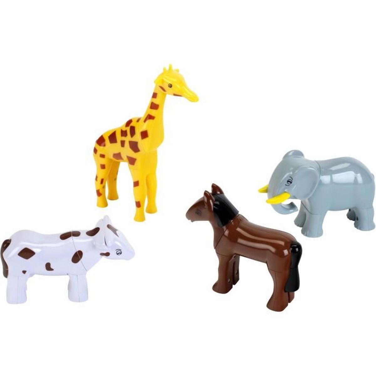 Sono mostrati quattro animali giocattolo: una giraffa, una mucca, un cavallo e un elefante. Sono di colori vivaci e sembrano essere di plastica.