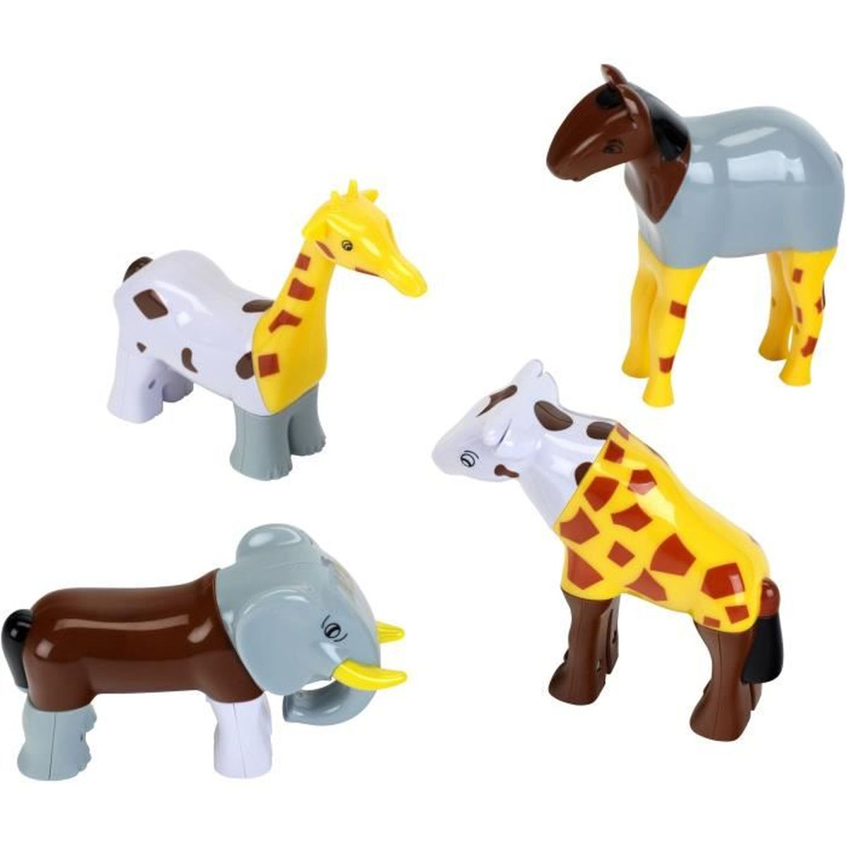 Quattro animali giocattolo safari: giraffa, zebra, cavallo ed elefante. Ognuno ha colori e motivi distinti.
