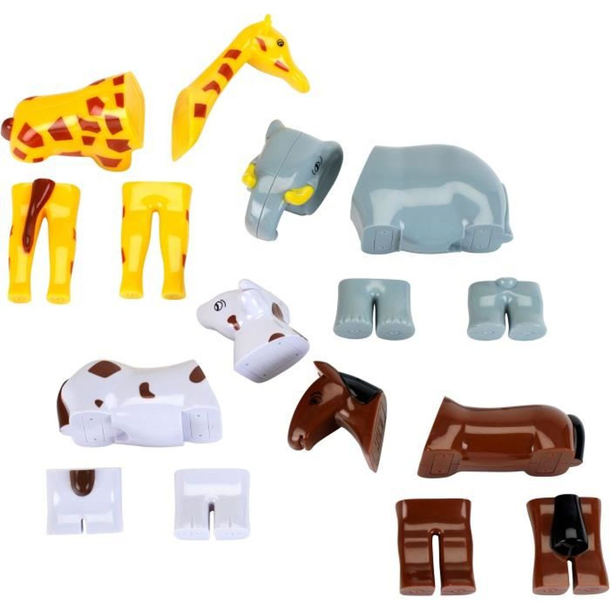Pezzi di puzzle di animali smontati: giraffa, elefante, mucca e cavallo. Gambe e corpi separati per l'assemblaggio.
