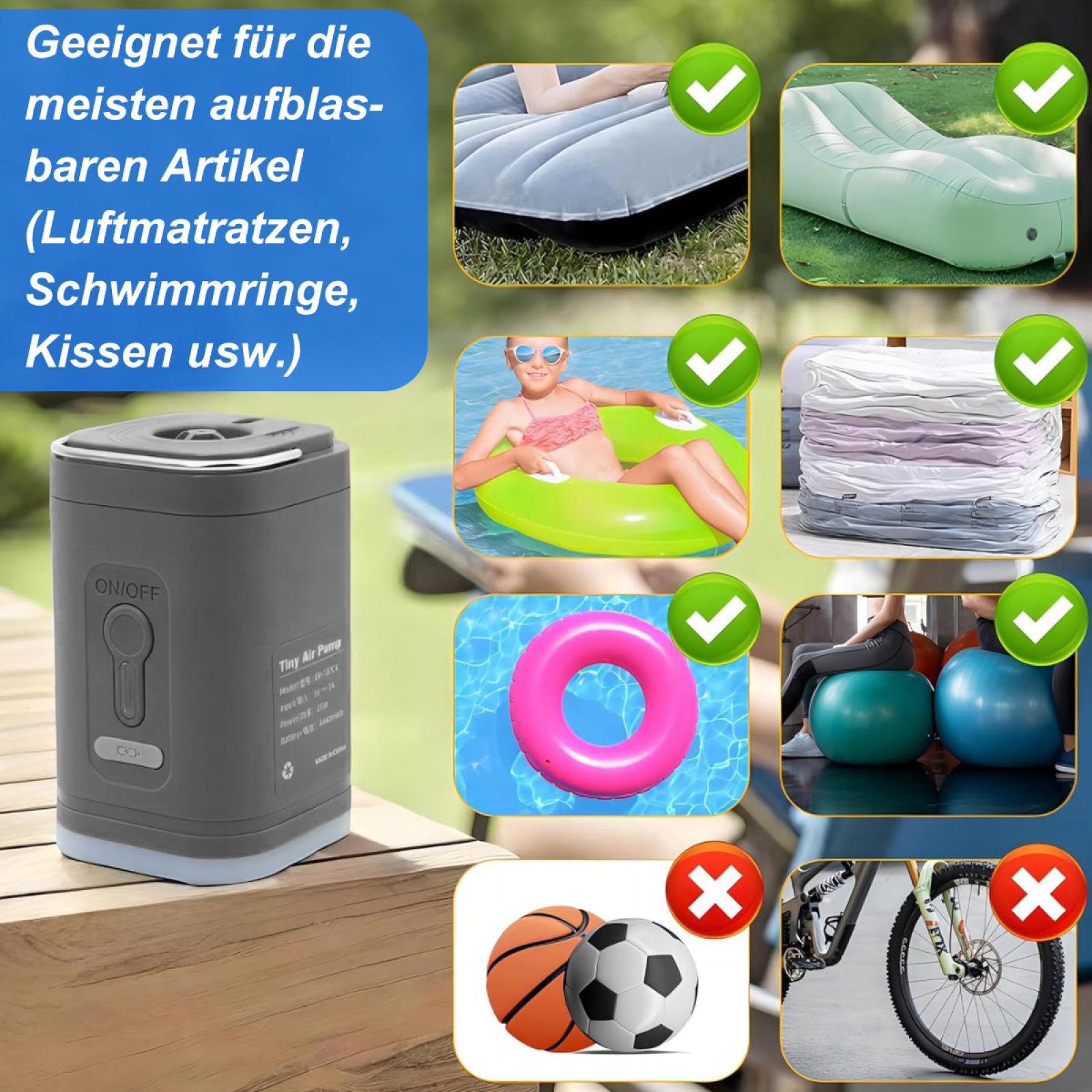 Eine Pumpe mit Bildern von Gegenständen, die sie aufblasen kann, darunter eine Matratze, ein Ring und Bälle.