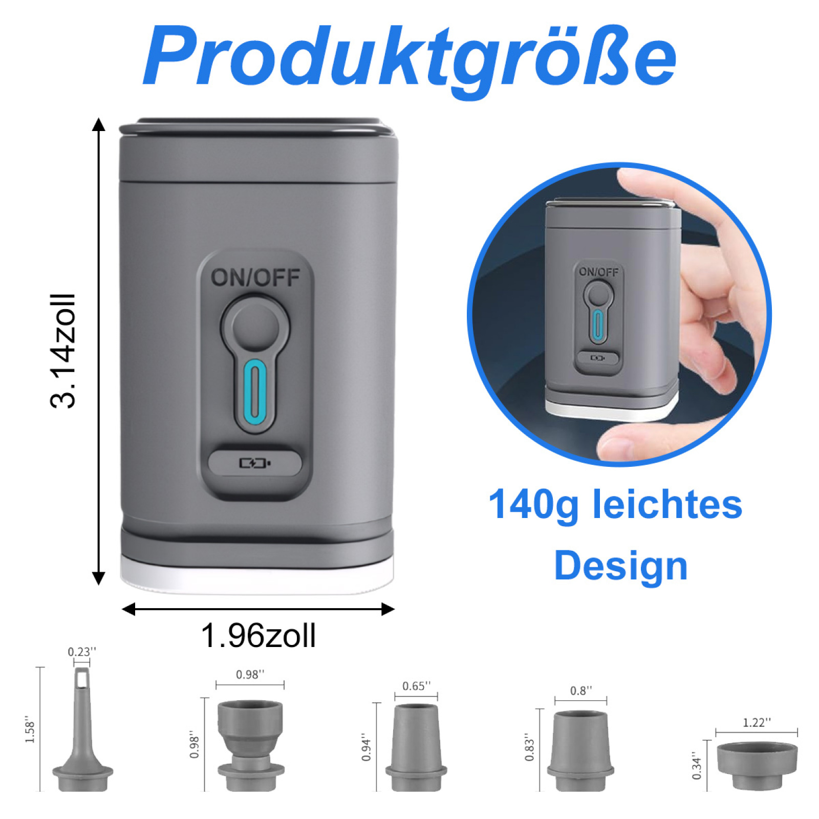 Graue Luftpumpe mit Zubehör, Maßen und Text auf Deutsch: Produktgröße, 1.96 Zoll, 3.14 Zoll, 140g.