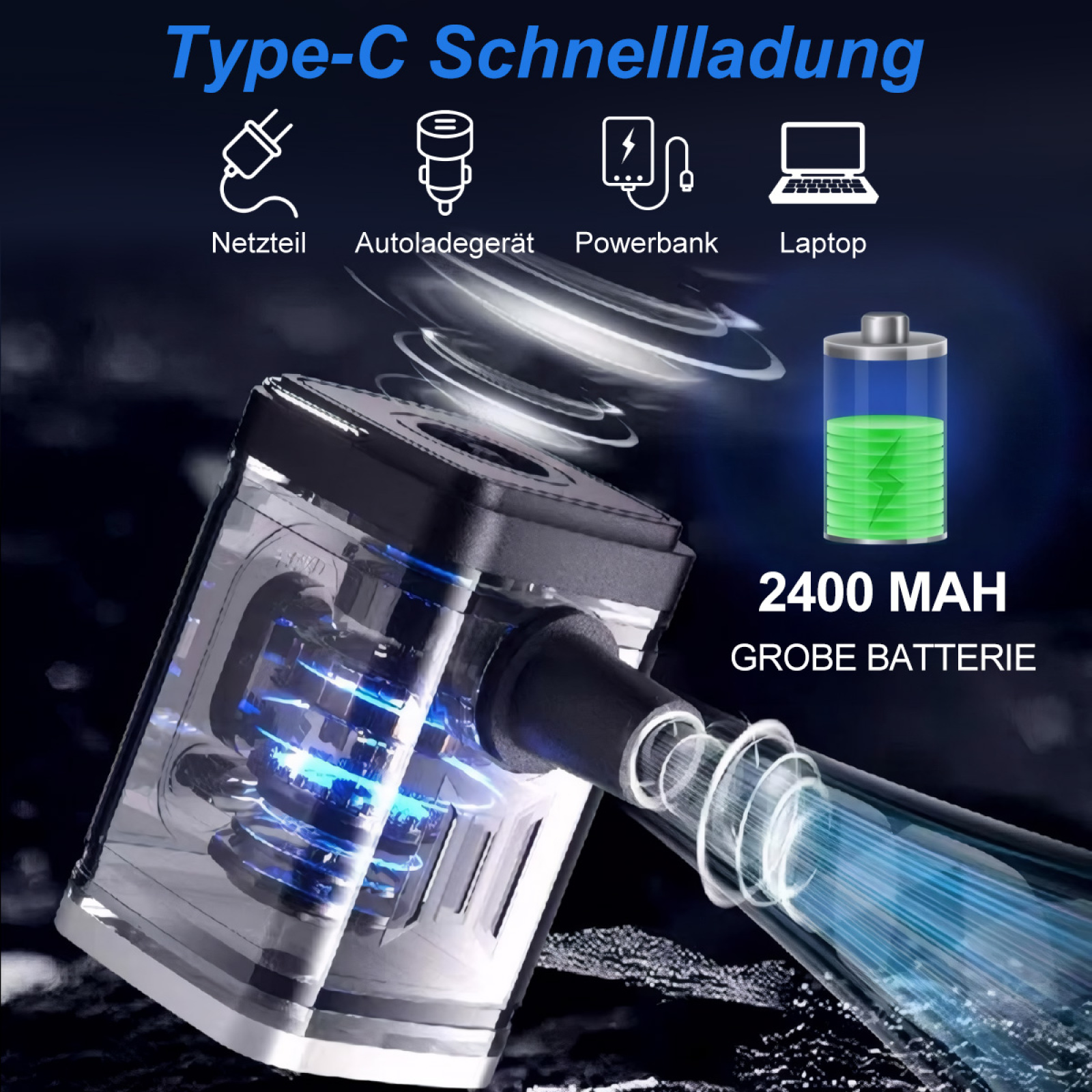 Das Bild zeigt ein tragbares Gerät mit Ladeoptionen und Batterieinformationen, mit Text auf Deutsch.