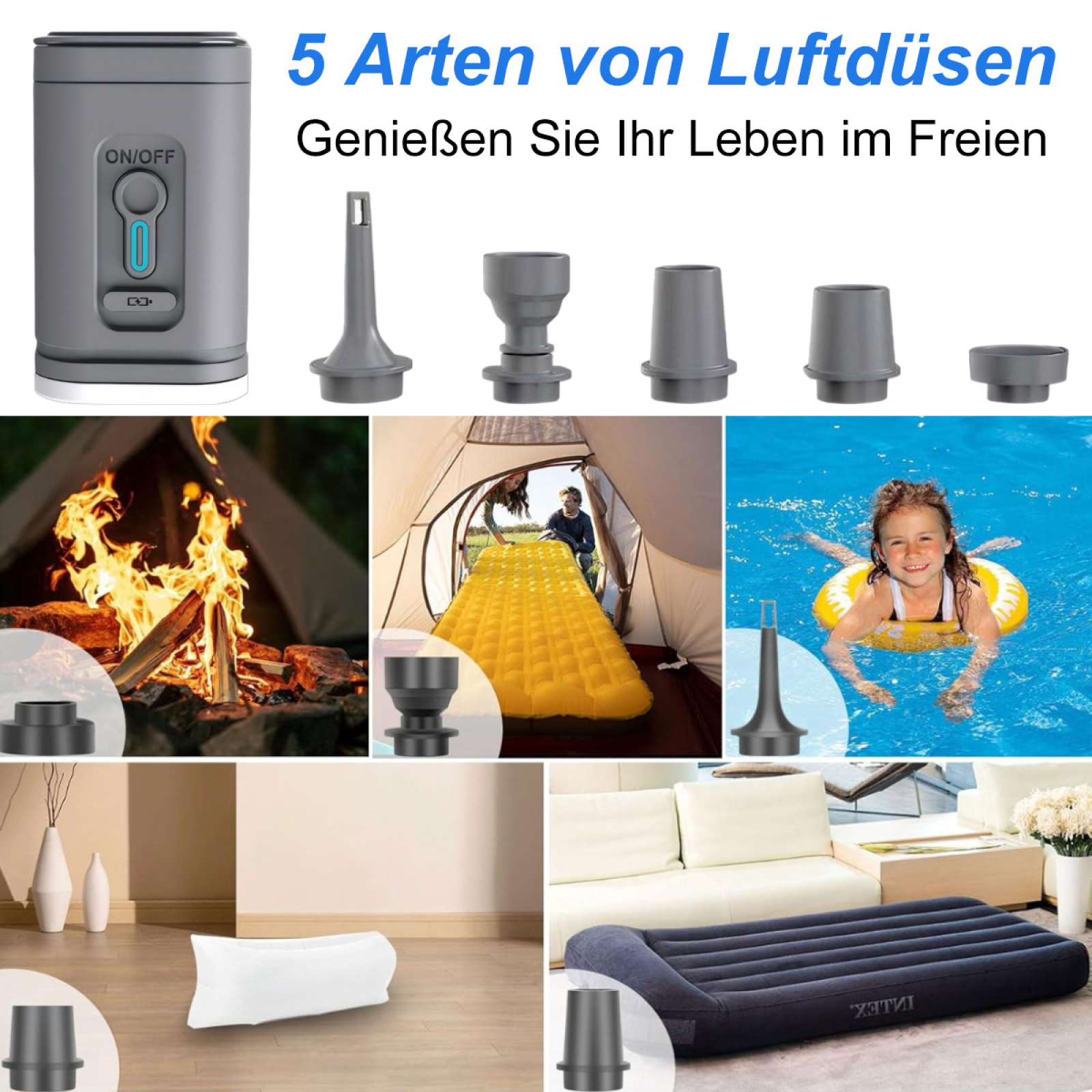 Eine Luftpumpe mit verschiedenen Düsen und Bildern von Gegenständen, die sie aufblasen kann: Zelt, Matratze.
