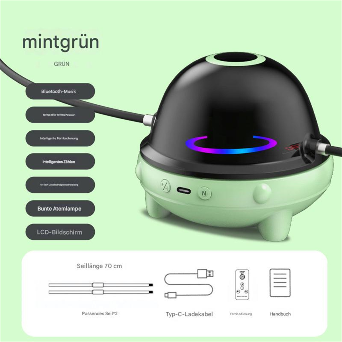 Ein mintgrünes Springseilgerät mit schwarzem Oberteil, das Bedienelemente, LCD-Bildschirm und Bluetooth-Funktionen zeigt.