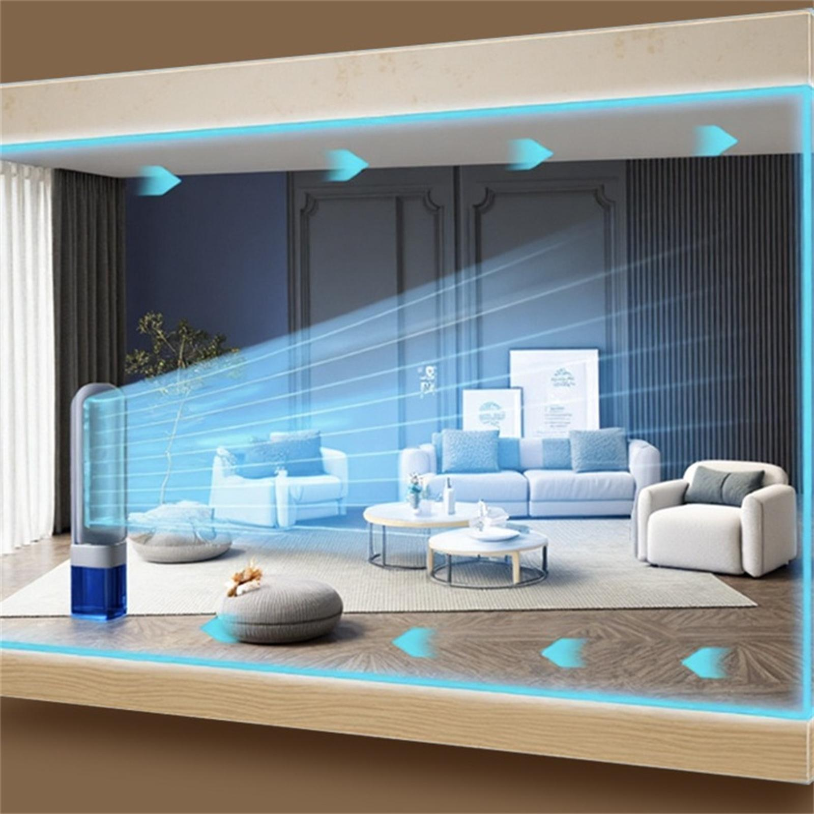 Ein Wohnzimmer mit einem blauen Ventilator, das den Luftstrom veranschaulicht. Blaue Linien zeigen die Luftbewegung.