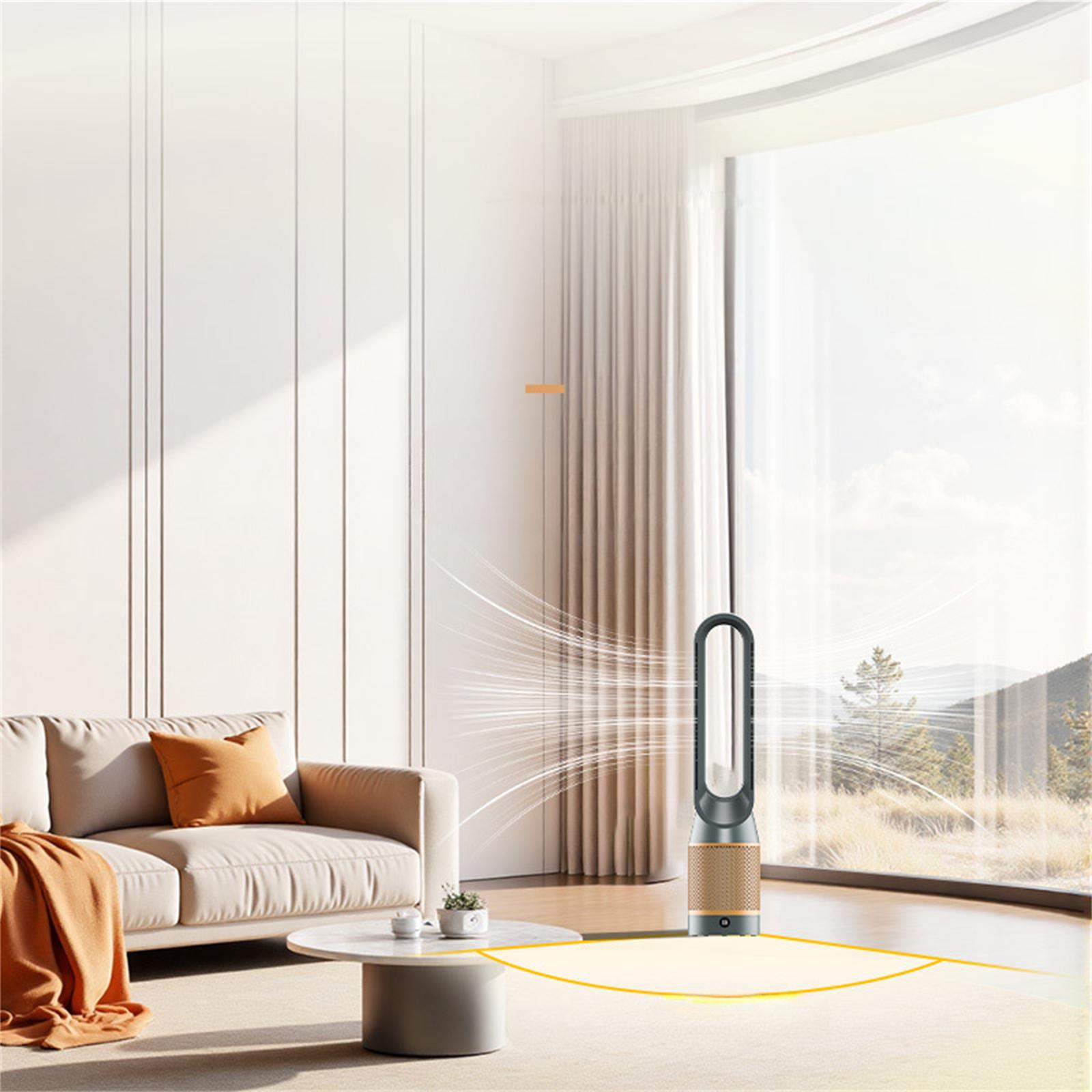 Ein modernes Wohnzimmer mit einem Ventilator, der Luft ausstößt. Ein Sofa, ein Tisch und ein Fenster sind vorhanden.