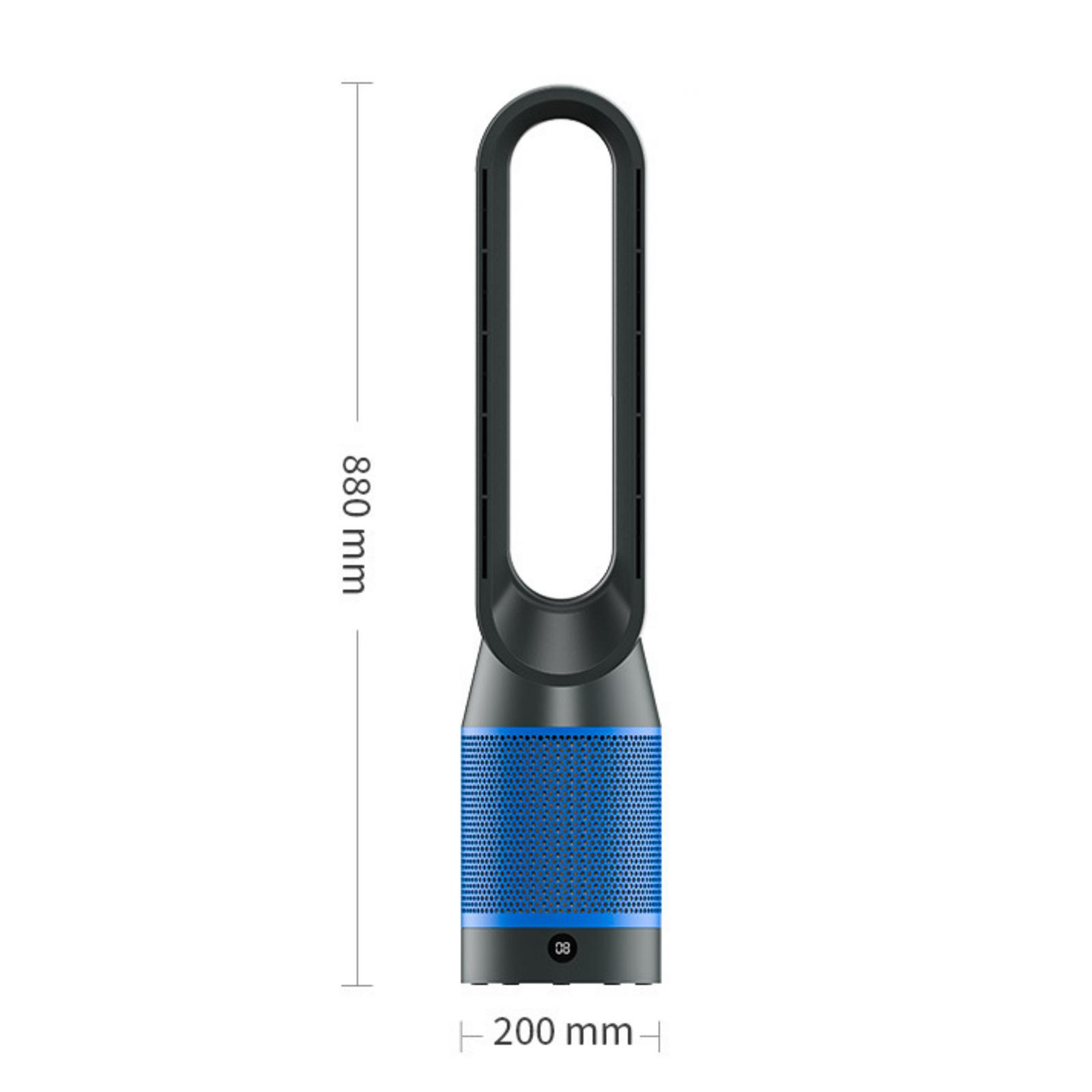Ein hoher blauer und schwarzer Ventilator mit Abmessungen. Der Ventilator hat einen blau perforierten Sockel.