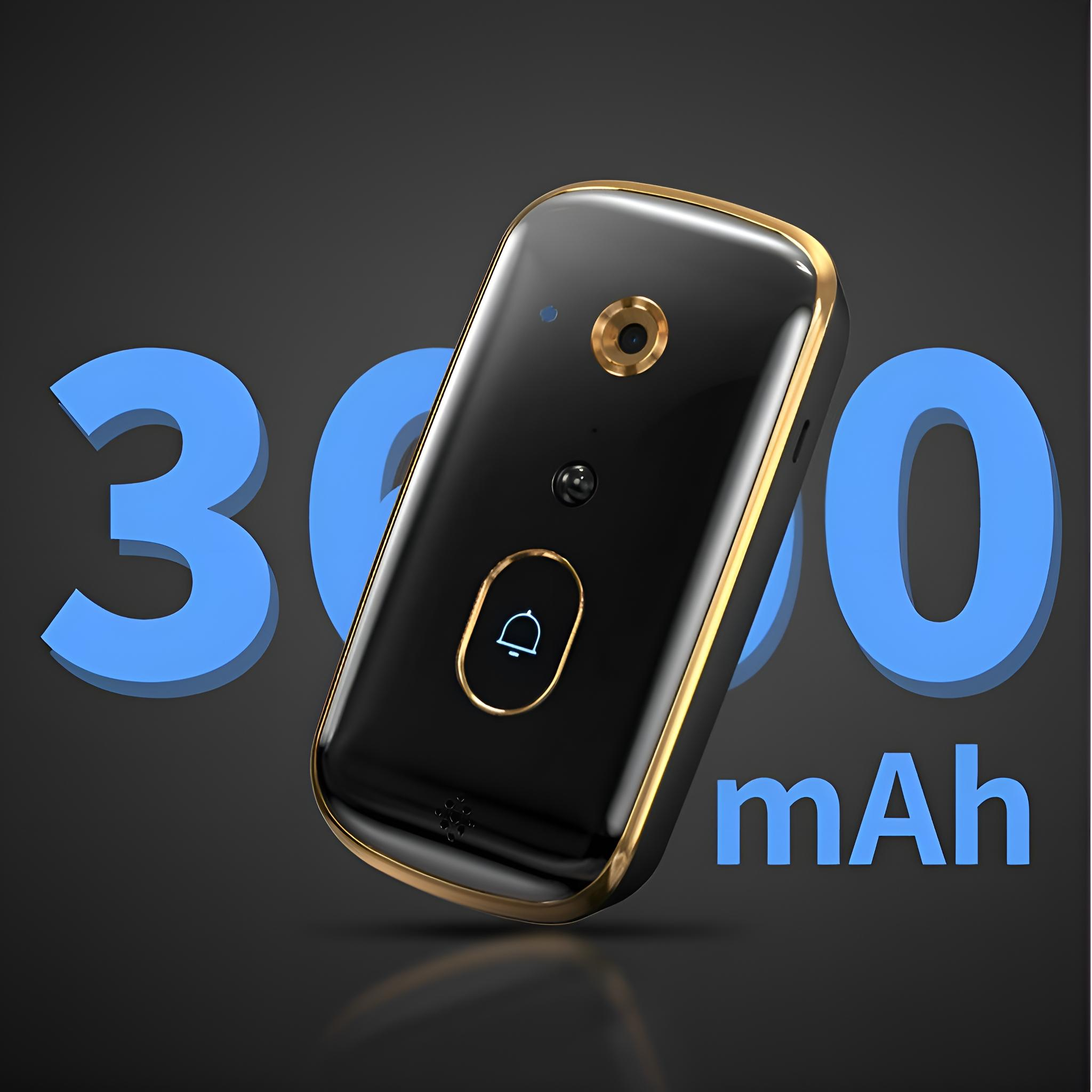 Schwarze und goldene Türklingel mit 3000 mAh Akku auf dunklem Hintergrund, blaue Zahl 3000.