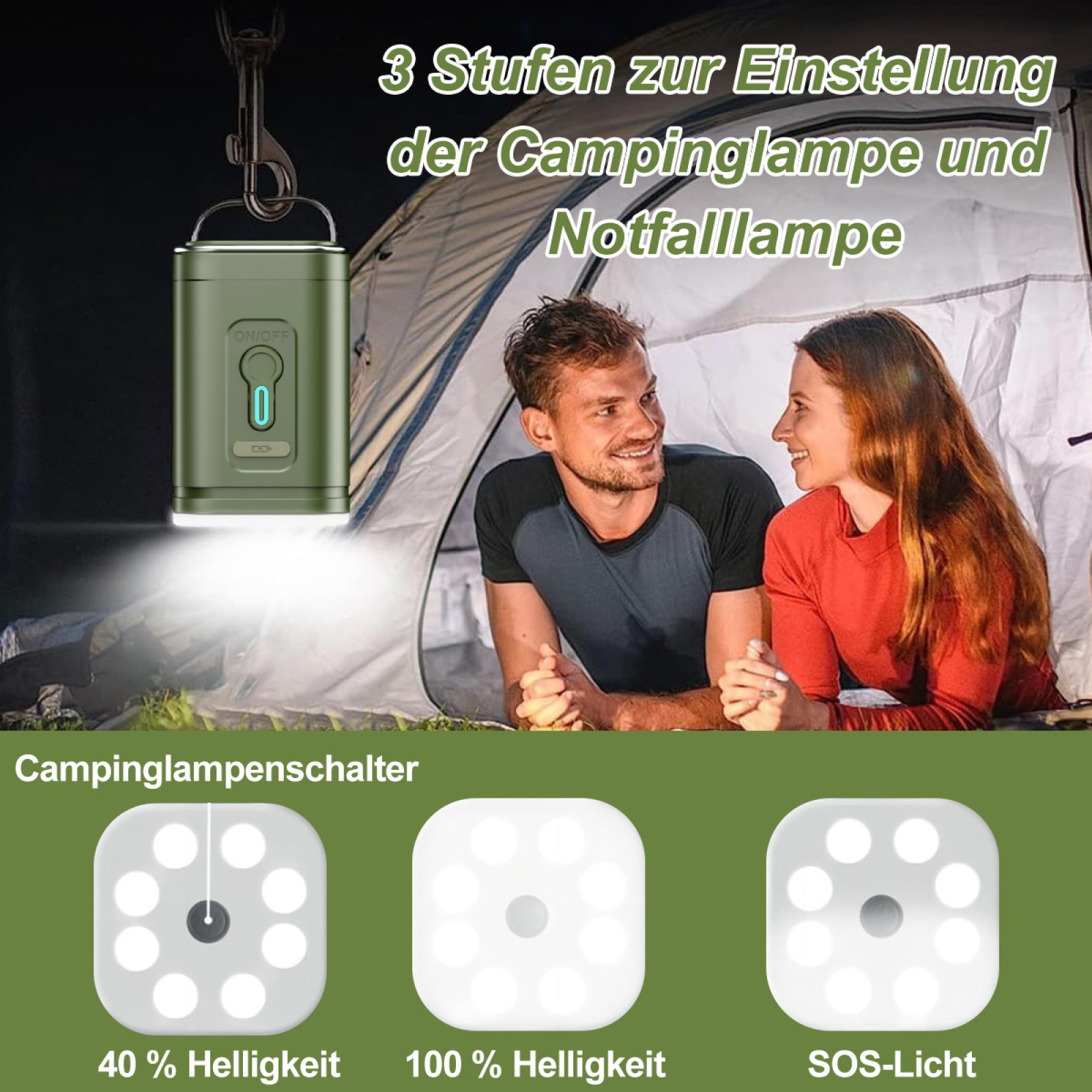 Zwei Personen vor einem Zelt, mit einer Campinglampe und drei angegebenen Lichteinstellungen.