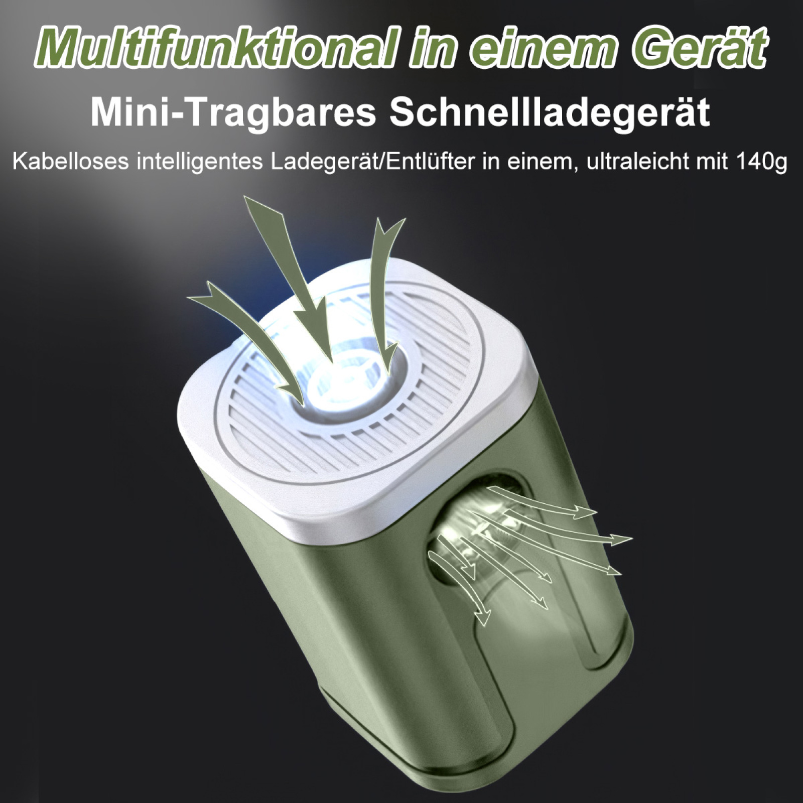 Ein olivgrünes Gerät, das Licht aussendet, mit Pfeilen, die den Luftstrom zeigen, und einer weißen Oberseite.