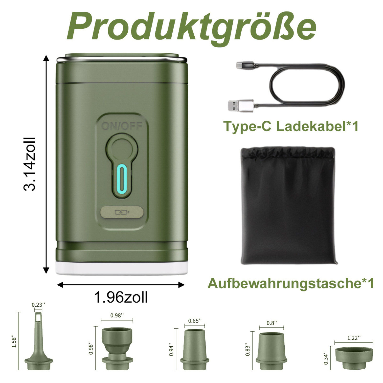 Ein olivgrünes Gerät mit Zubehör, einem Ladekabel und Maßangaben in Zoll.