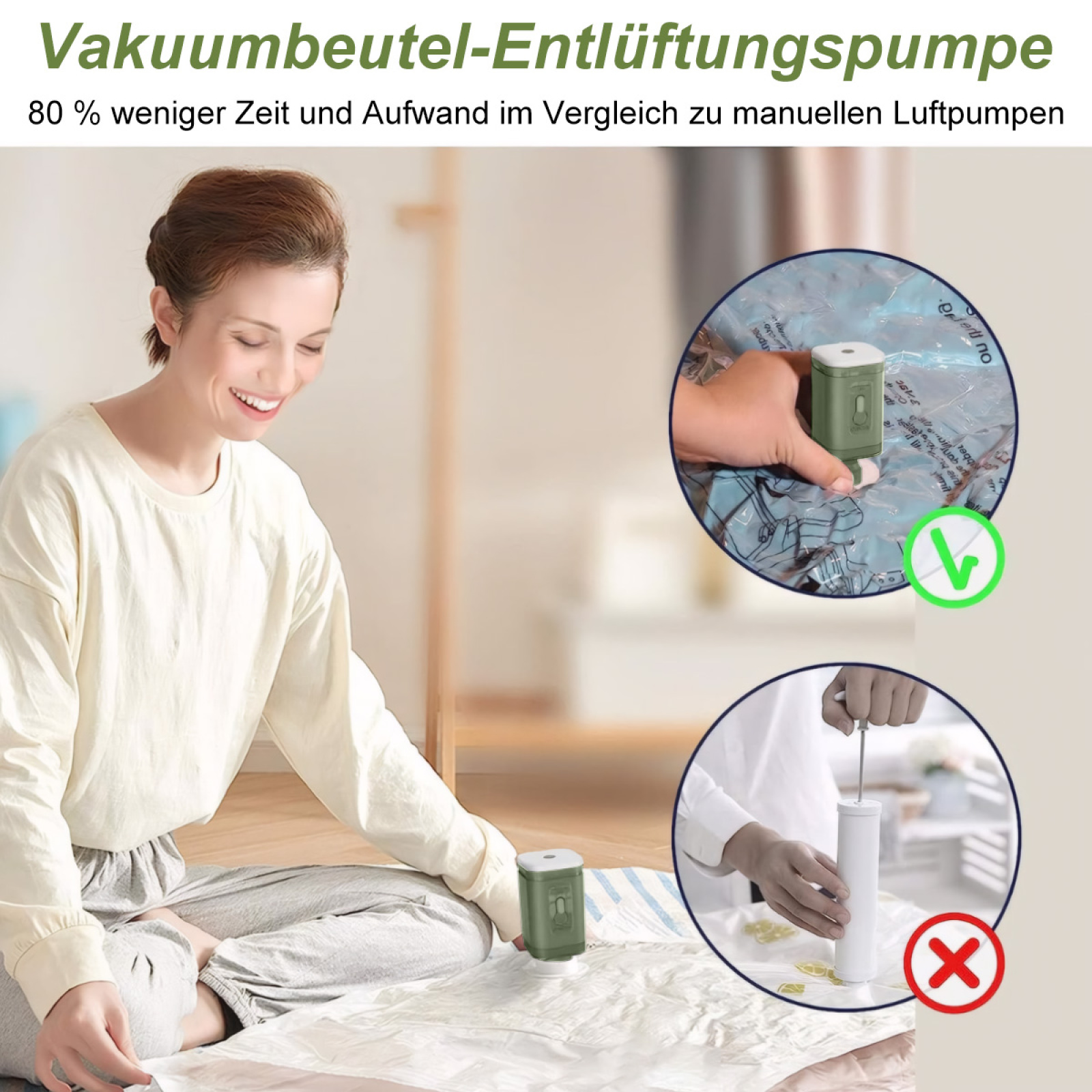 Eine Frau demonstriert das Vakuumversiegeln mit einem Gerät und vergleicht es mit manuellen Methoden.