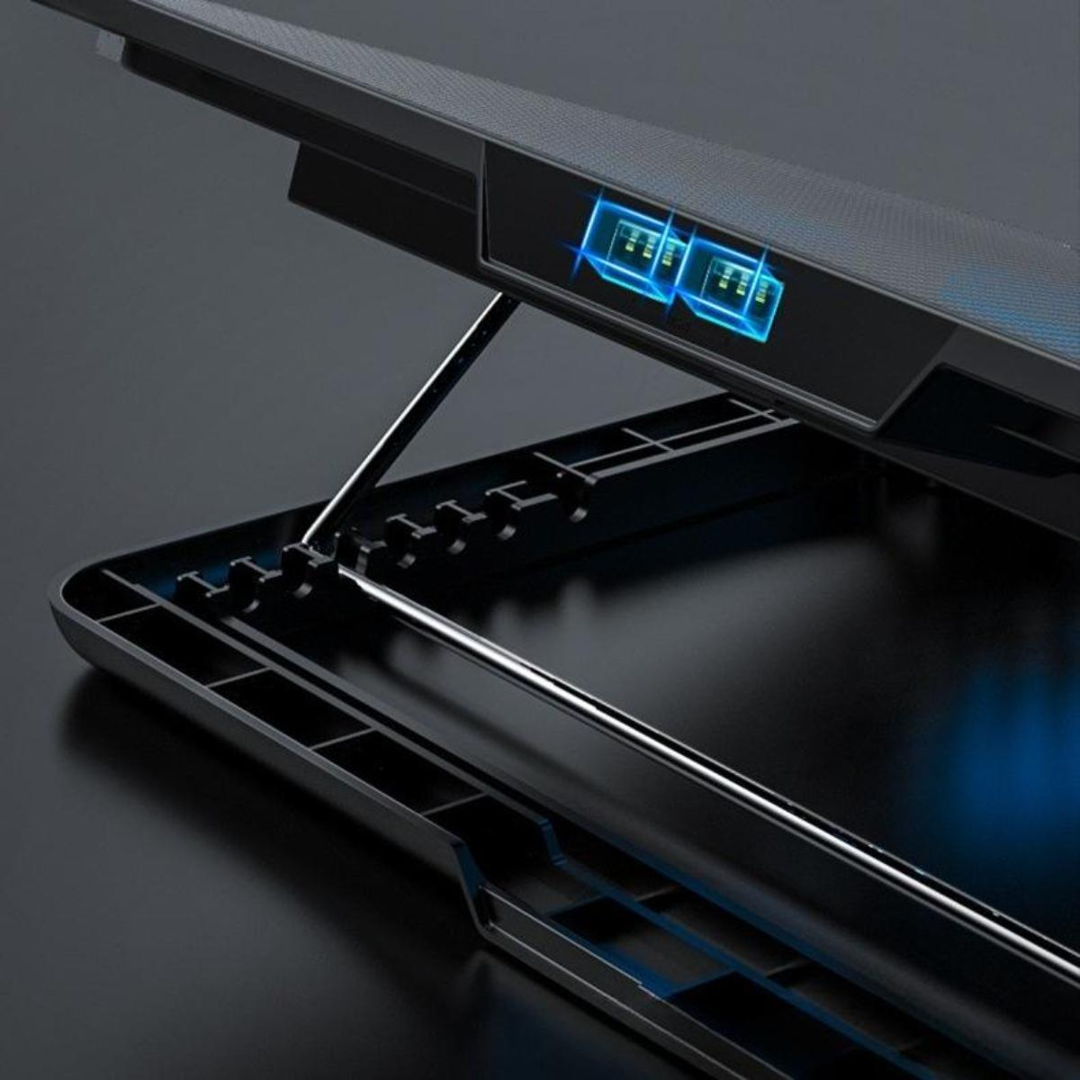 Nahaufnahme der verstellbaren Scharniere eines schwarzen Laptopständers mit blauen Lichtakzenten.