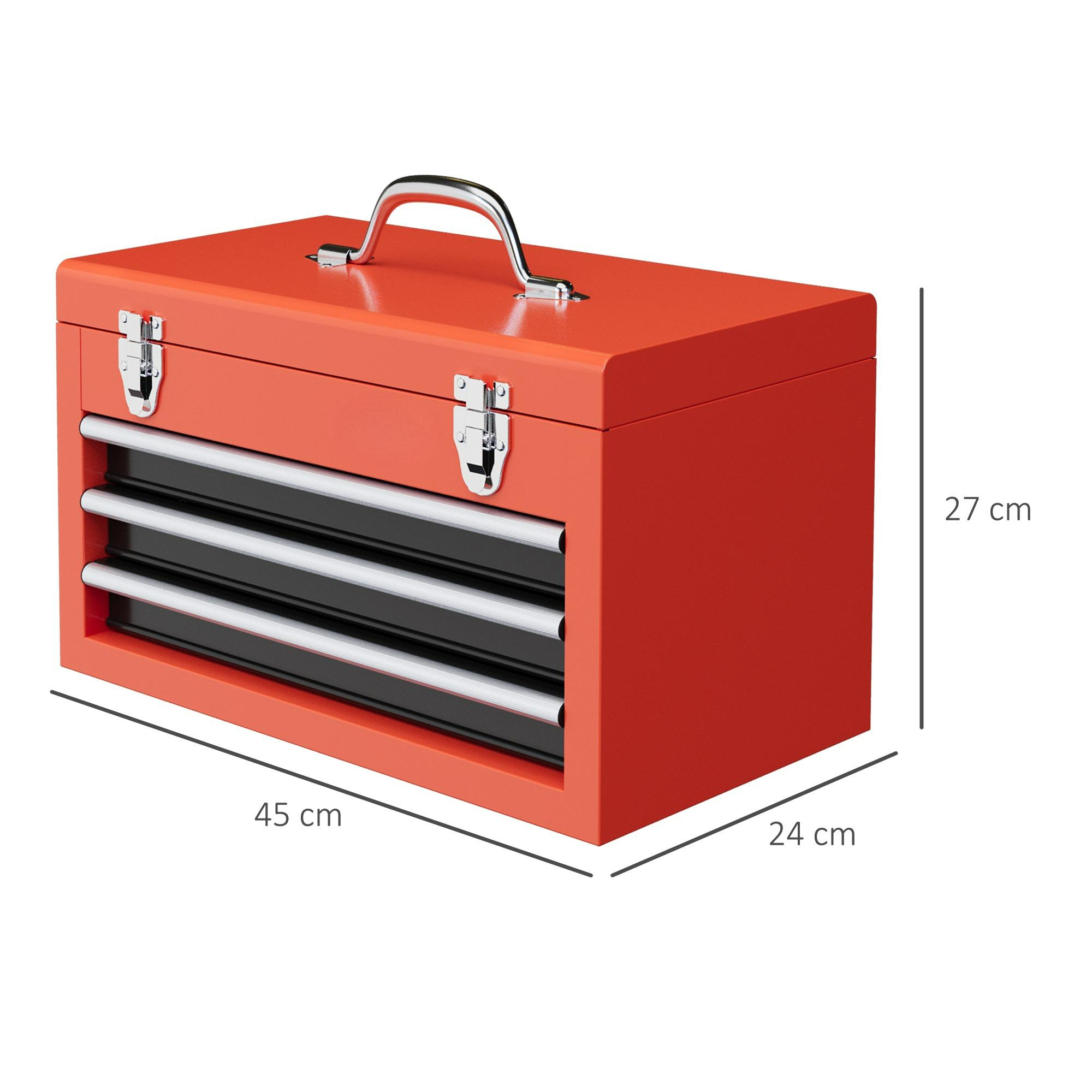 Roter Werkzeugkasten mit Abmessungen: 45x24x27 cm.