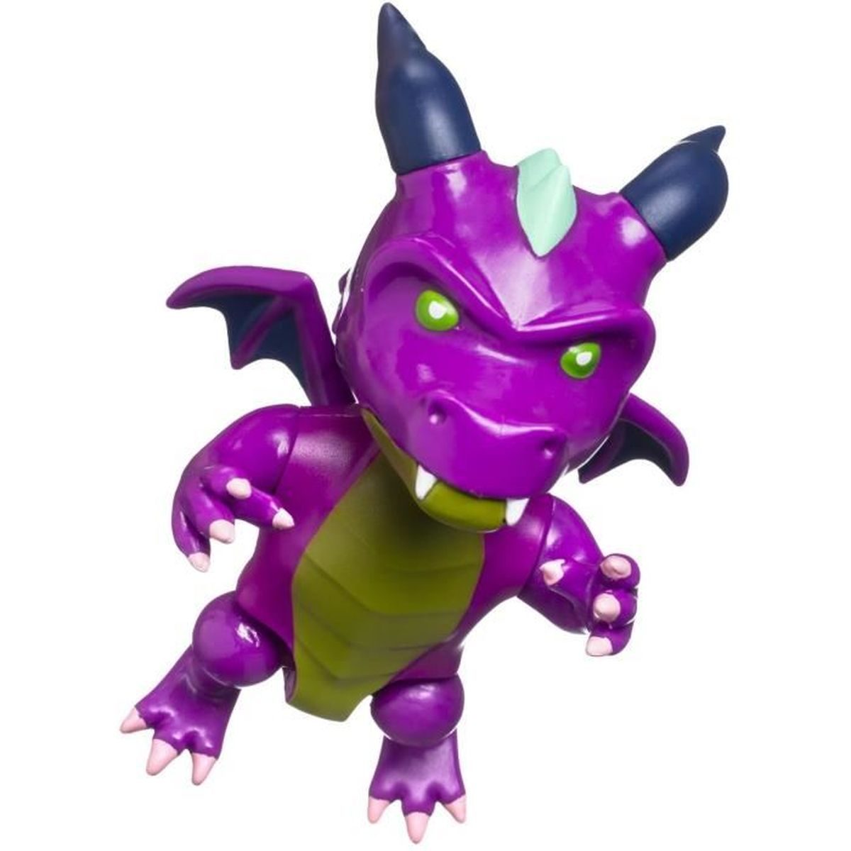 Ein lila Drachenspielzeug mit grünen Augen und Flügeln. Es hat kleine Hörner und Krallen.