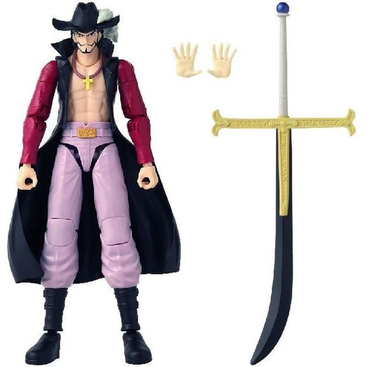 Eine Figur von Dracule Mihawk aus One Piece. Er trägt einen schwarzen Hut, Mantel und hat ein großes Schwert.