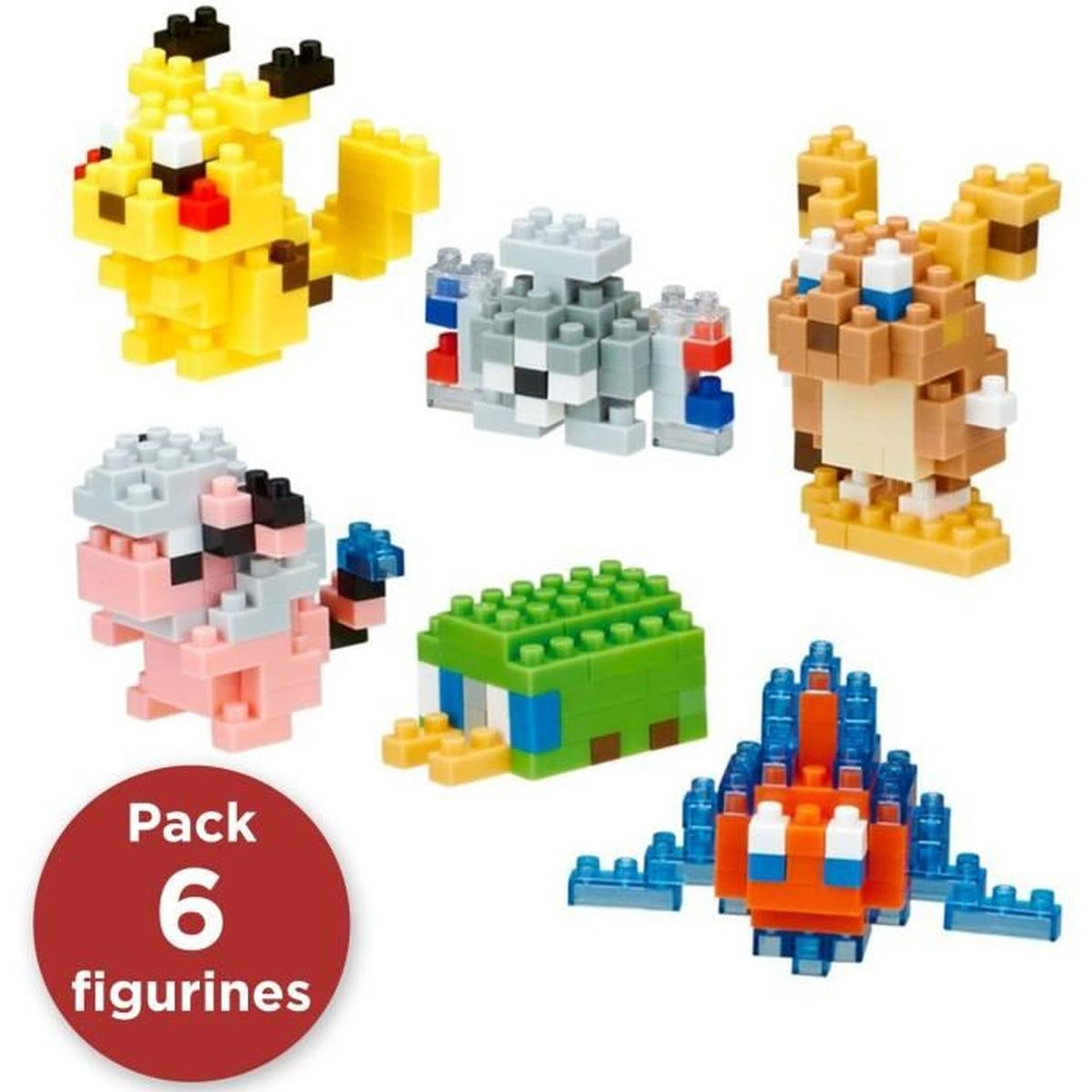 Sechs kleine Spielzeugfiguren verschiedener Pokémon-Charaktere. Enthält Pikachu, eine grüne Kreatur usw.