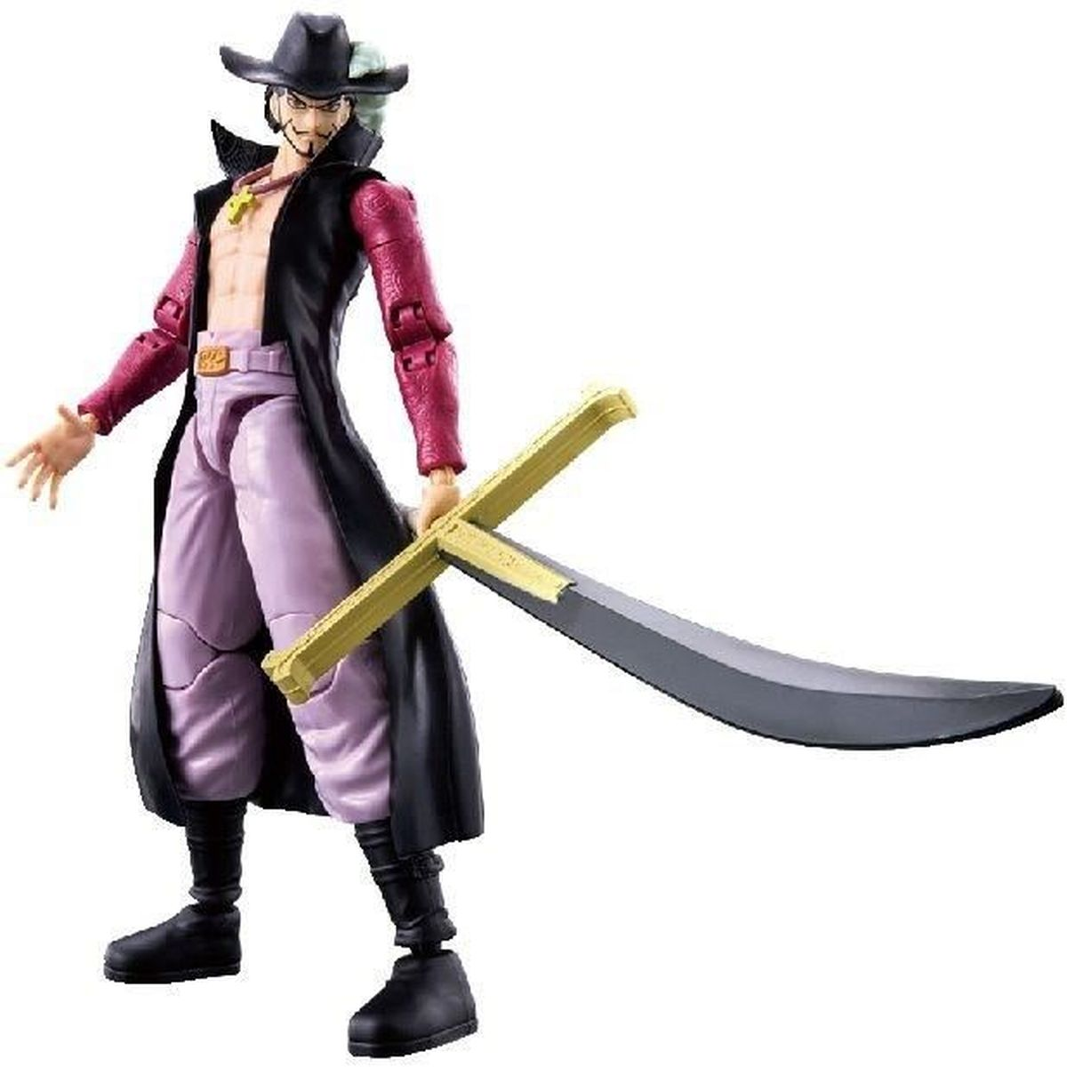 Eine Dracule Mihawk Actionfigur aus One Piece, die ein großes Schwert hält. Er trägt einen schwarzen Mantel.