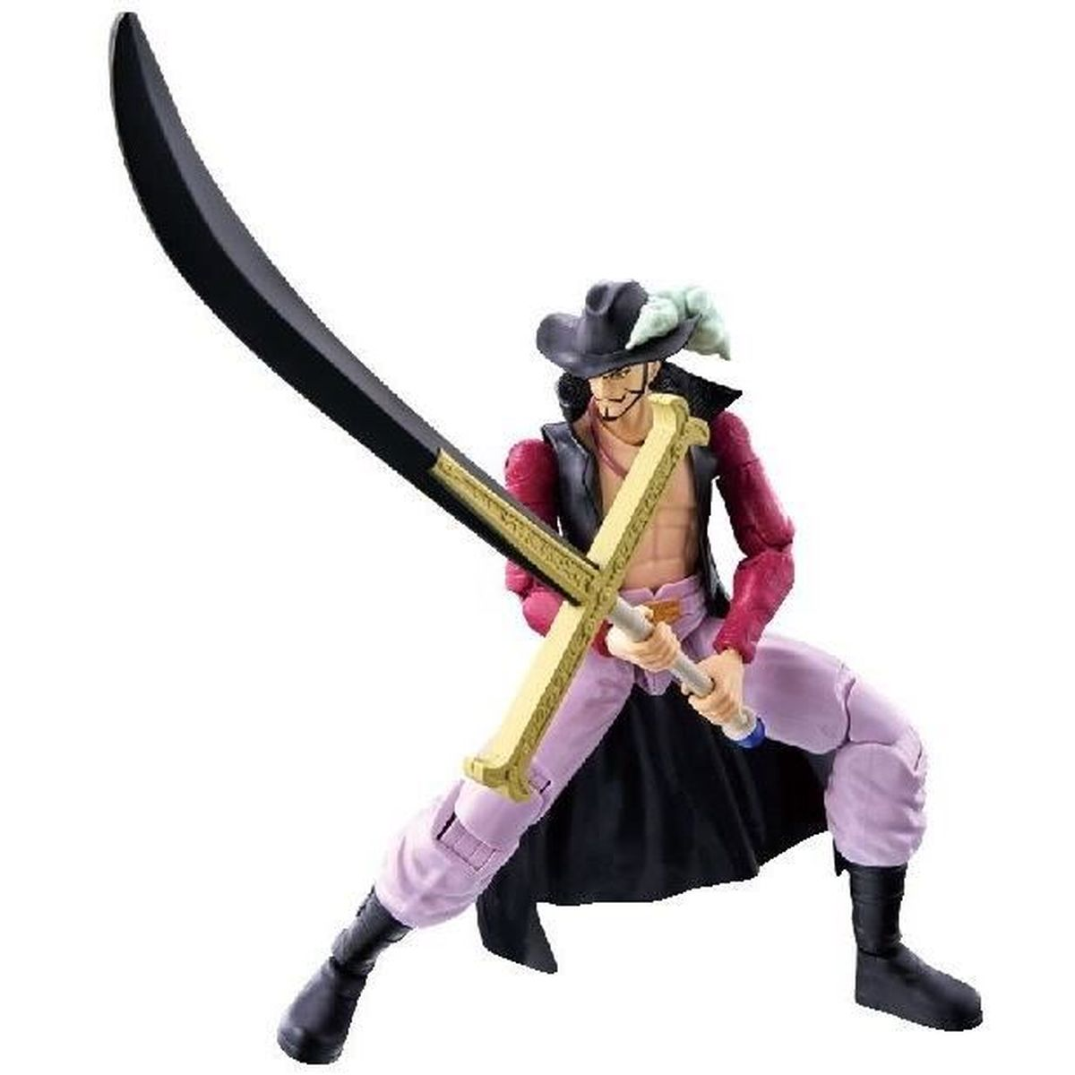 Eine Dracule Mihawk Actionfigur aus One Piece in dynamischer Pose. Er hält sein Schwert und hockt.