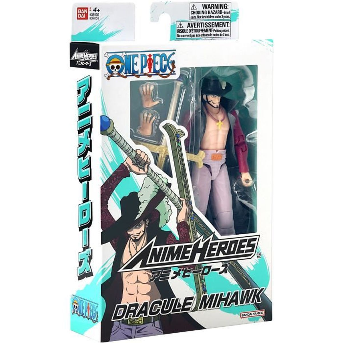 Eine Dracule Mihawk Actionfigur aus One Piece in einer Box, die den Charakter und das Schwert zeigt.
